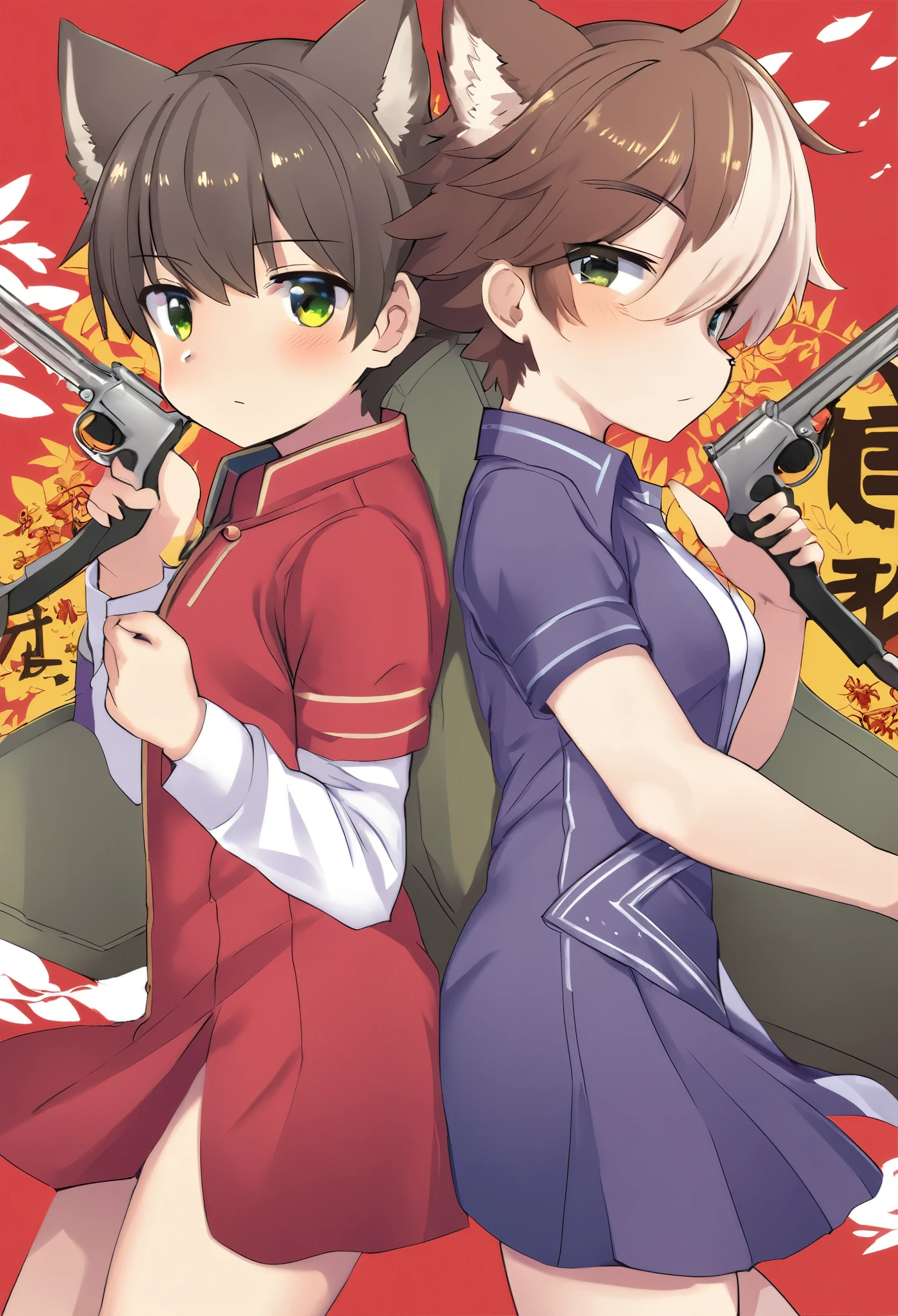 A doujinshi cover with a young male detective and a woman in a Chinese dress back to back, furry, kemono, with some elements of 007, battle manga,