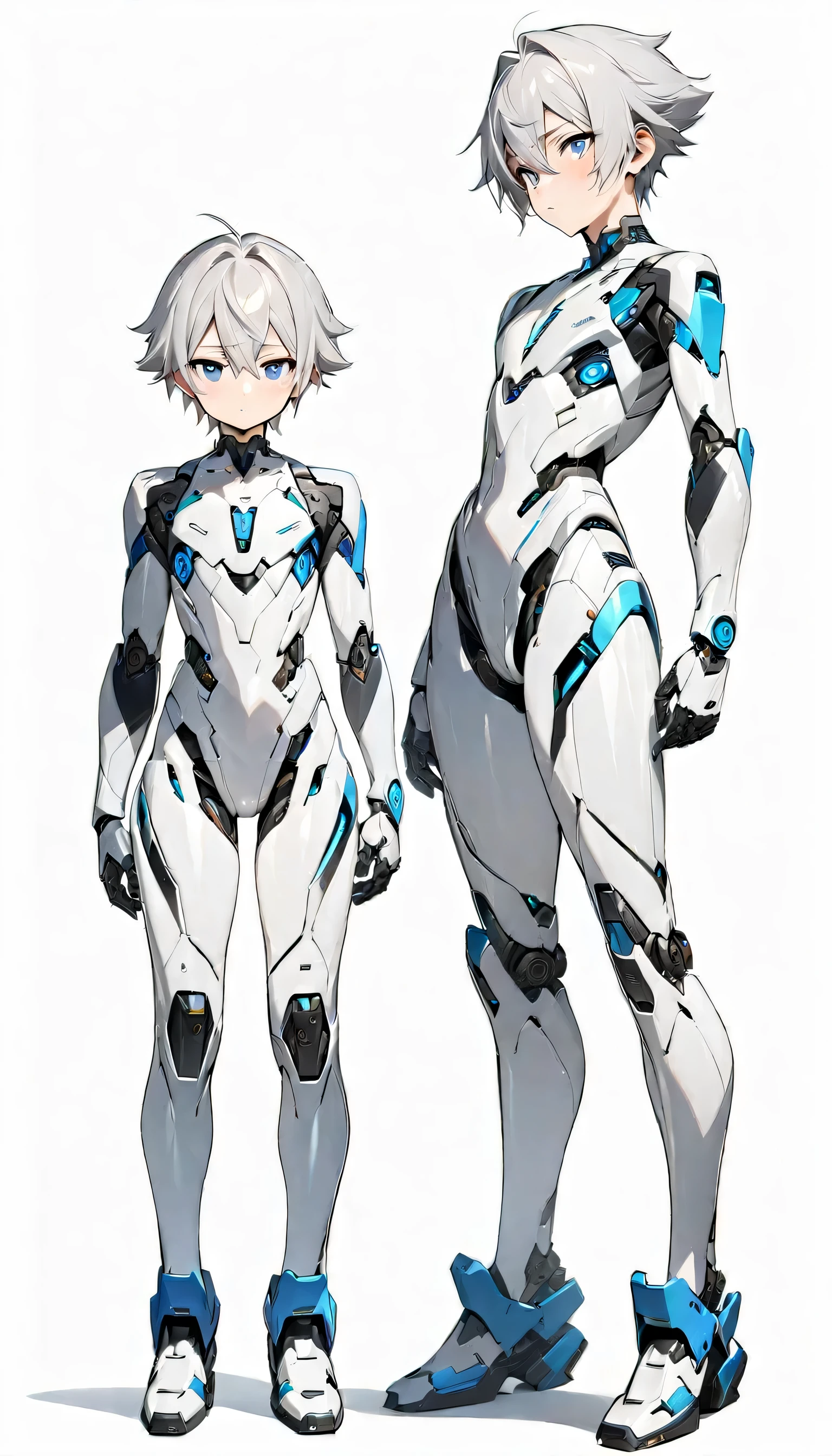 (((masterpiece:1.5))), full body image, anime android robot boy, 1boy, ((shota)), shiny, ((white)) sleek robot body with accents, silver hair, blue eyes, neutral expression, plain white background