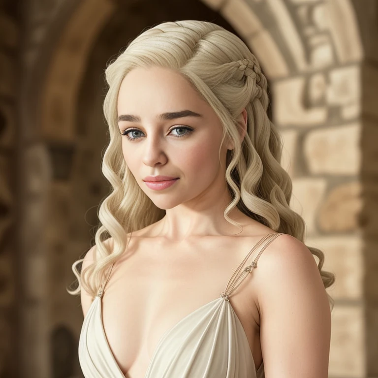 Masterpiece, best quality, detailed face, Emilia Clarke, platinum hair, white dress, pelvic curtain, posing near a castle, looking at viewer, sexy smirk face