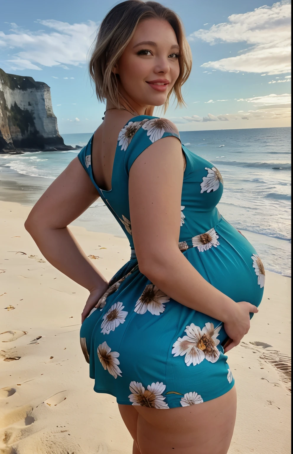 Autumn Nelson, masterpiece, best quality, 1girl, gigantic breasts, (huge pregnant), waist up, brown eyes, smile, lips, short blonde hair, closed mouth,from side, ass, wide hips, wearing a floral pattern dress, full length dress, background: beach with cliffs and blue sky, clouds , solo, 