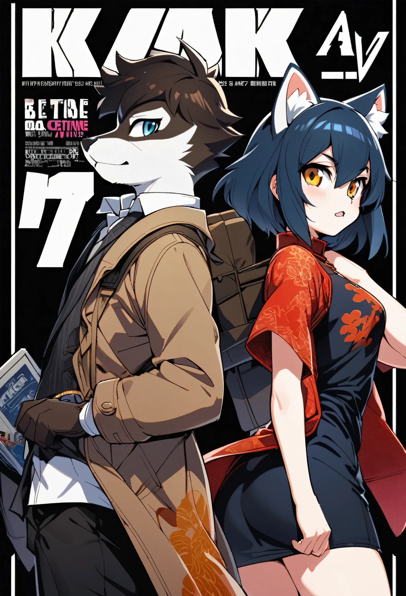 A doujinshi cover with a young male detective and a woman in a Chinese dress back to back, furry, kemono, with some elements of 007, battle manga,