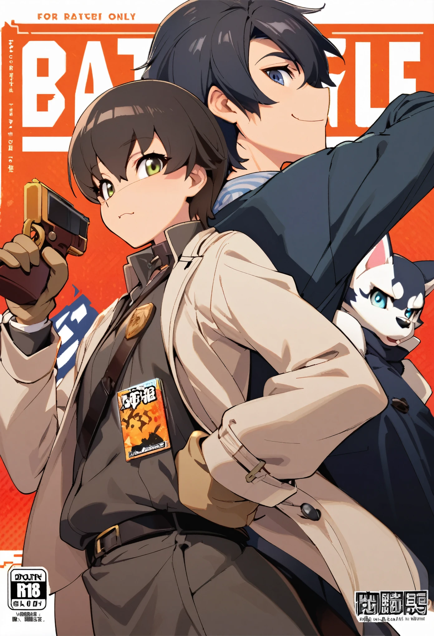 A doujinshi cover with a young male detective and a woman in a Chinese dress back to back, furry, kemono, with some elements of 007, battle manga,