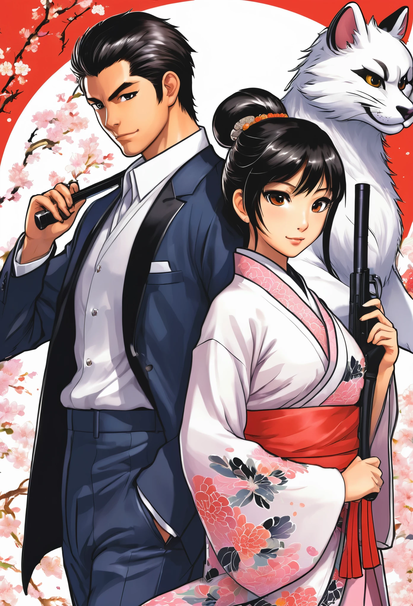 A doujinshi cover with a young male detective and a woman in a Chinese dress back to back, furry, kemono, with some elements of 007, battle manga,