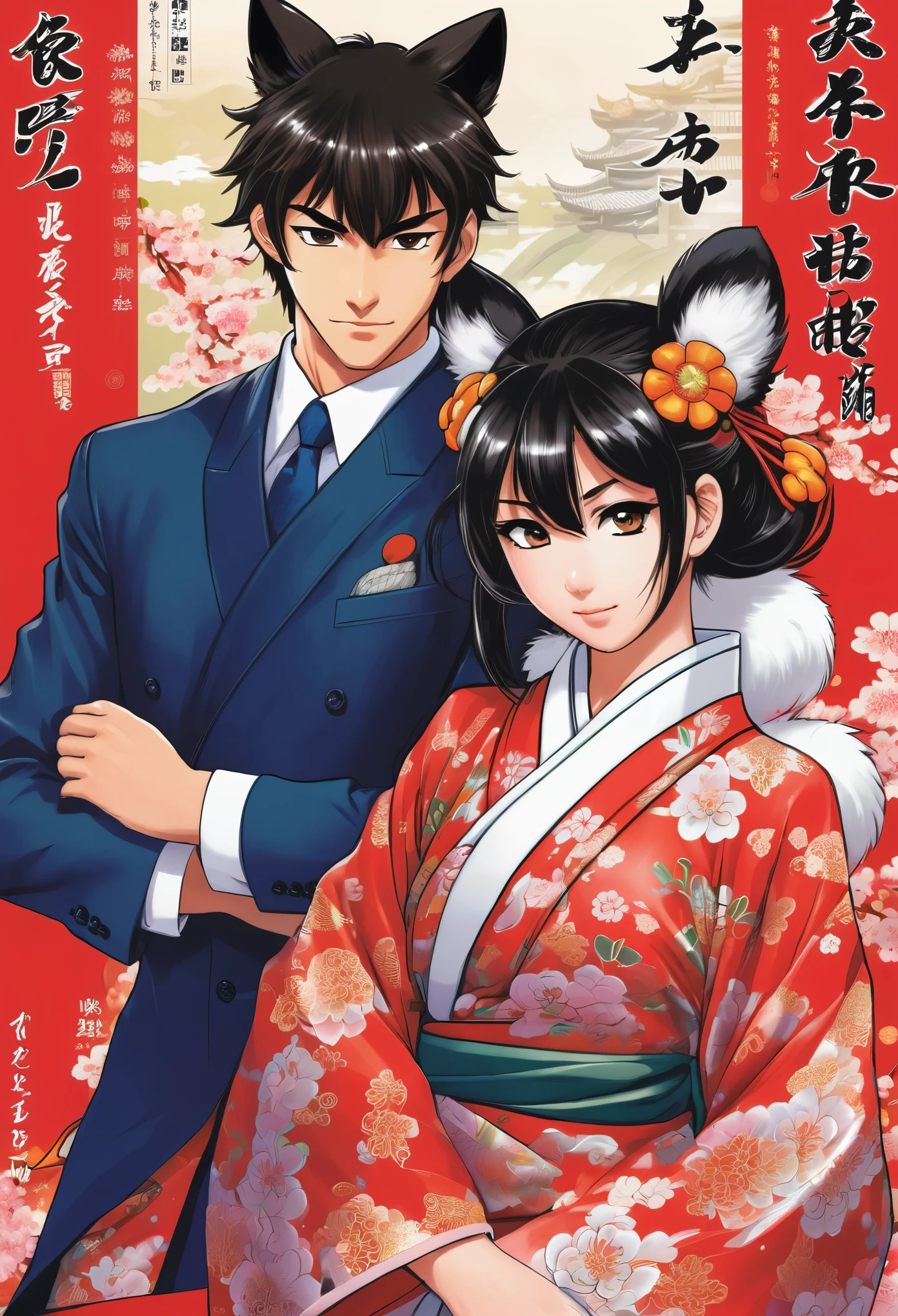 A doujinshi cover with a young male detective and a woman in a Chinese dress back to back, furry, kemono, with some elements of 007, battle manga,