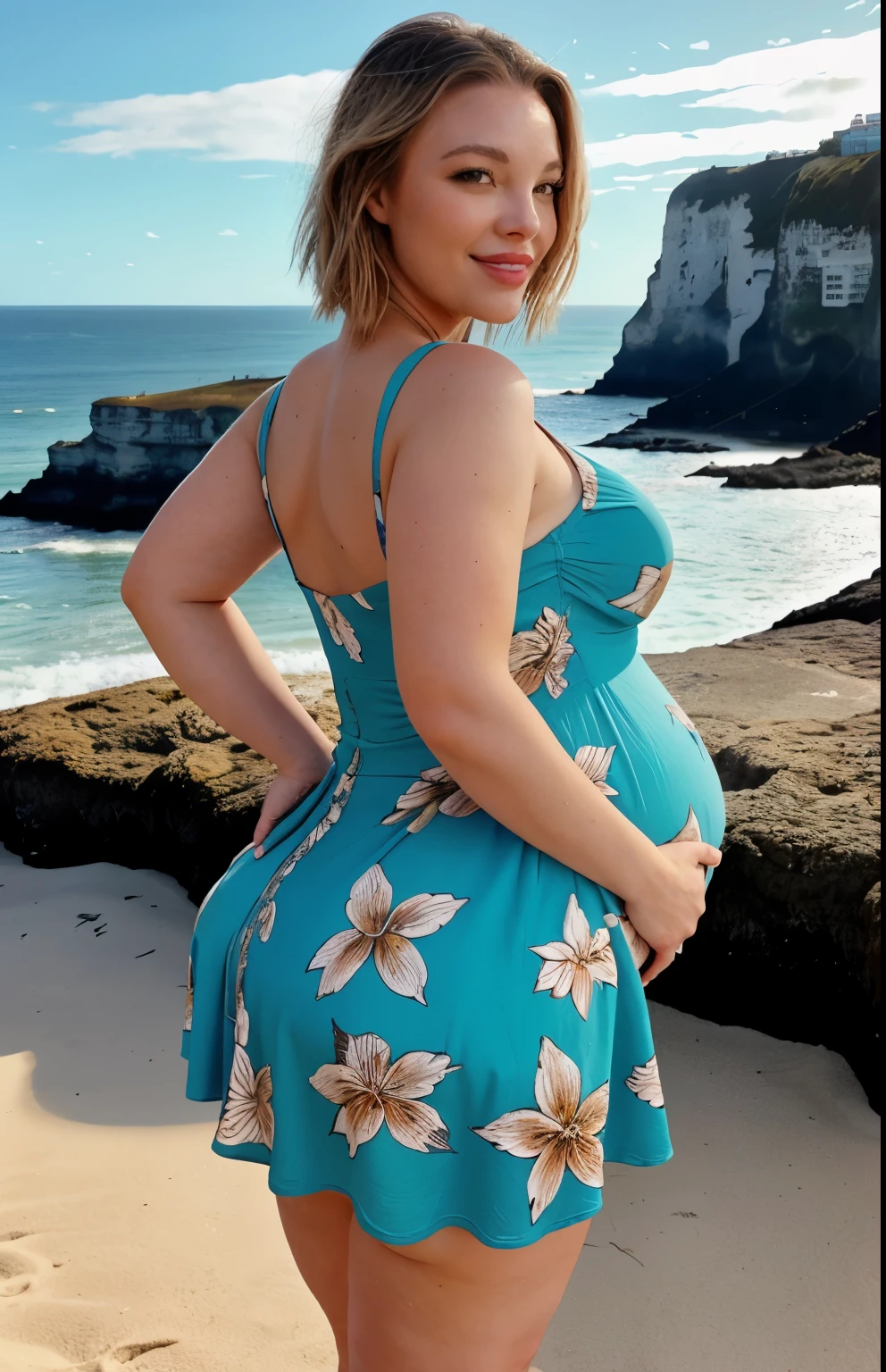 Autumn Nelson, masterpiece, best quality, 1girl, gigantic breasts, (huge pregnant), waist up, brown eyes, smile, lips, short blonde hair, closed mouth,from side, ass, wide hips, wearing a floral pattern dress, full length dress, background: beach with cliffs and blue sky, clouds , solo, 