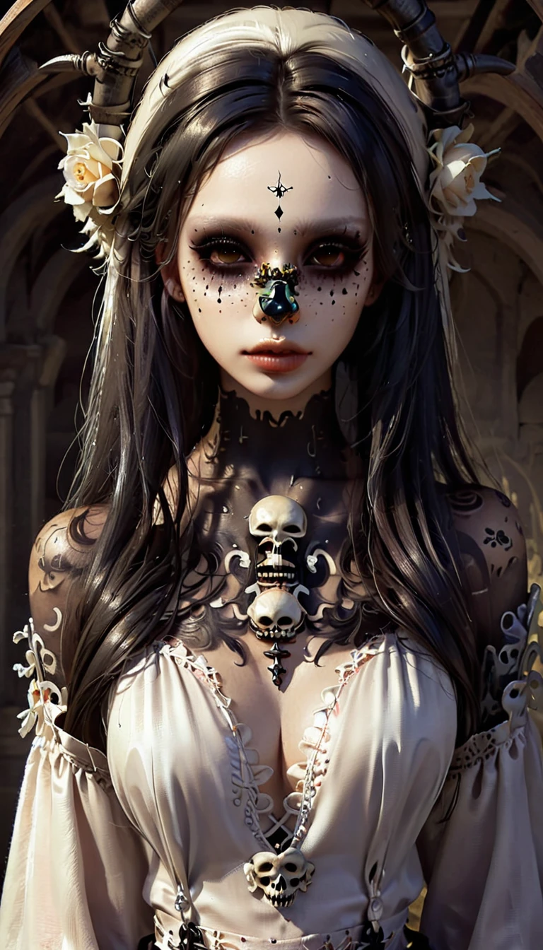 Chica sosteniendo un esqueleto y una calavera en sus manos.,  calavera retrato mujer, bruja mecanica, gothic otome girl, Google en pixiv artstation, gweiz pixiv art station, beautiful necromancer girl,  digital detallado, Kushart Krenz Arte Clave Femenino, arte detallado del personaje 