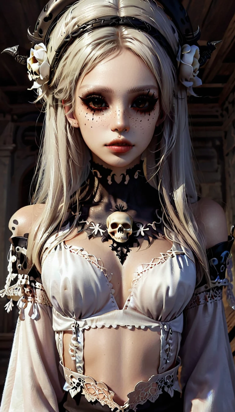 Full body shown. A zombie woman in a maid outfit, extremely detailed eyes and face, beautiful detailed lips, longeyelashes, detailed zombie skin texture, maid outfit with lace and ribbons, Halloween night, horror, dark and moody atmosphere, dramatic lighting, pale skin, sunken eyes, sharp teeth, dripping blood, brain, (best quality,4k,8k,highres,masterpiece:1.2),ultra-detailed,(realistic,photorealistic,photo-realistic:1.37),dark colors,deep shadows,cinematic,dramatic. Full body shon, show her from head to toe
