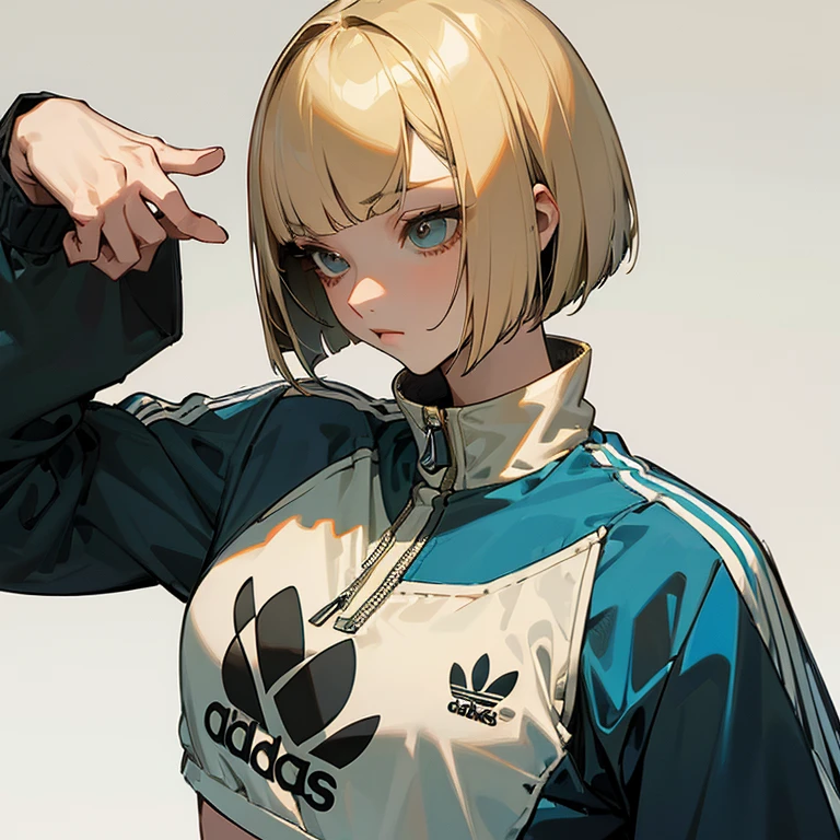 masterpiece、delicate details、tracksuit、Adidas Clothing、Athletics part、Slender beauty、Bangs Patsun、Cropped bob cut、The top of the head is black with a gradation of blonde hair.