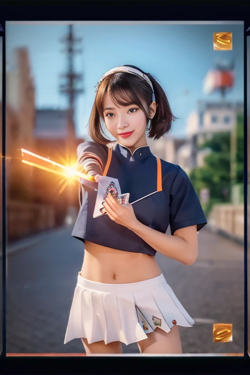 (trading card game frame:1.7),A glowing cyber girl with a cybernetic arm,(JWomen's Uniform,sailor suit,white skirt,),intense body movements,Add motion blur effects to simulate motion,Standing on the road of a devastated battlefield.surrounded by a wire network. Surrounded by a network of orange LED circuits. (Cyber girl with glowing orange sword:1.3), shiny silver short hair,messy ponytail,,cute smile,perfect round face,black eye,A cheerful smile that makes the viewer happy,proper body proportions,intricate details,very delicate and beautiful hair,realistic pictures,dream-like,professional lighting,realistic shadow,focus only,beautiful hands,beautiful fingers,Detailed functions of fingers,Detailed clothing characteristics,Detailed characteristics of hair,detailed facial features,highest quality,Ultra high resolution output image,) ,(8K quality,),(Image mode Ultra HD,),(Image mode Ultra HD,),(sea art 2 mode.1:1.3),science fiction fantasy、camel toe、huge tit、Nipple Puffs、cleavage、Plump、Super big breasts、super big butt