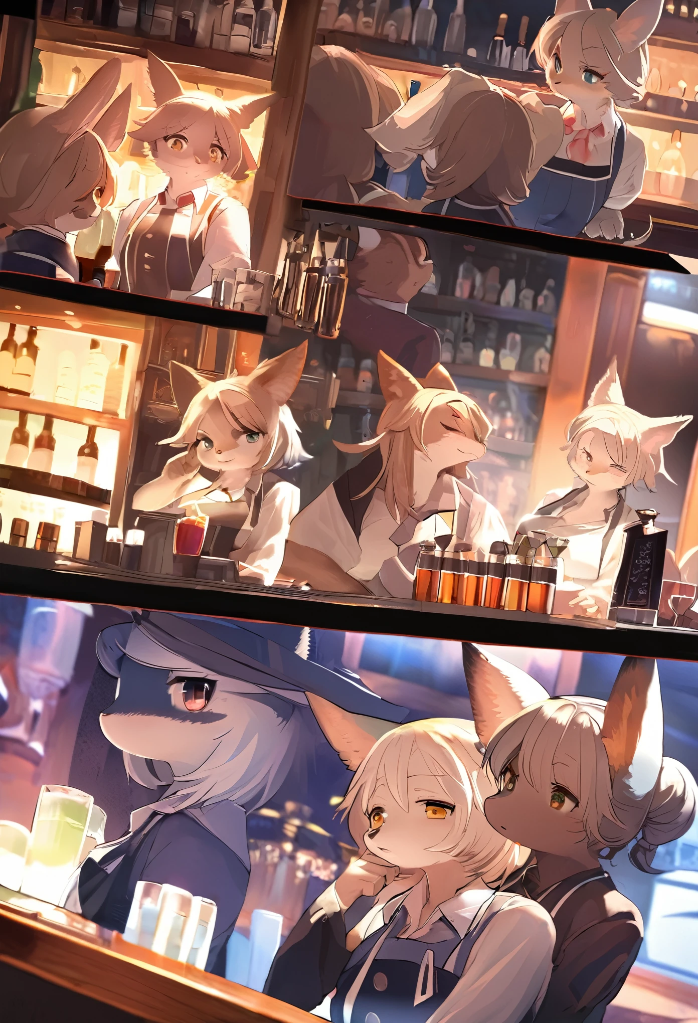 top quality, best quality, High-quality illustrations, masterpiece, super high resolution, detailed background, bartender, bar, cocktail, 6+boys, 6+girls, absurdres(highly detailed beautiful face and eyes)perfect anatomy, expression, good lighting, cinematic shadow(kemono, furry anthro)assorted poses, dynamic angle,