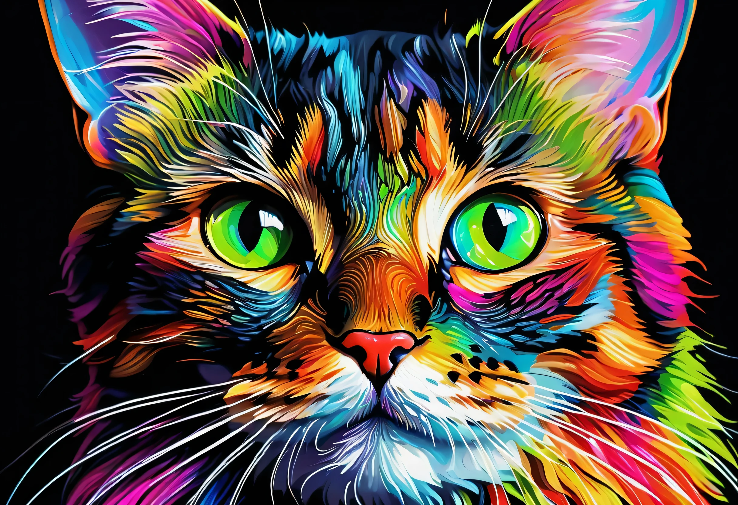 Cat painting with colorful face and black background, Rich in color and detail, cat details, Amazing digital art with great attention to detail, Beautiful neon cat, amazing cat, Colorful painting, vivid realistic colors, detailed artwork, cat design, awesome wallpaper, animal pictures, cute colorful adorable, colorful, bright colors、very detailed, Detail and vibrant colors