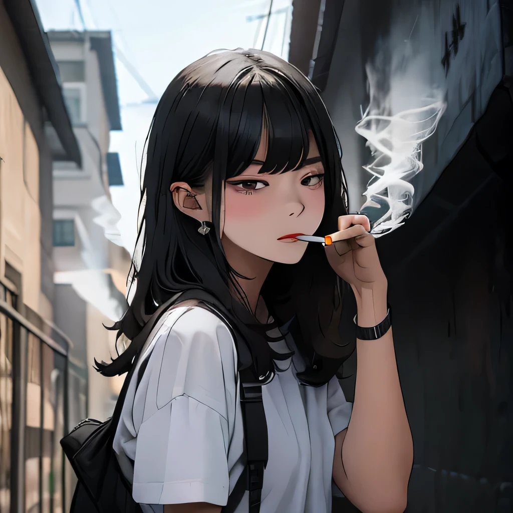 Student, uniform, smoking, white shirt, tie, rebel, slim, backpack, a lot of smoke, flat, black skirt, pretty face, beautiful, long hair, face focus, half closed eyes, relaxed, pale, asian eyes, straight hair, asian