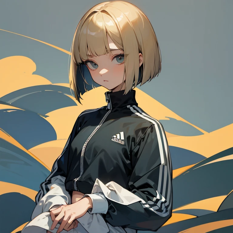 masterpiece、delicate details、tracksuit、Adidas Clothing、Athletics part、Slender beauty、Bangs Patsun、Cropped bob cut、The top of the head is black with a gradation of blonde hair.