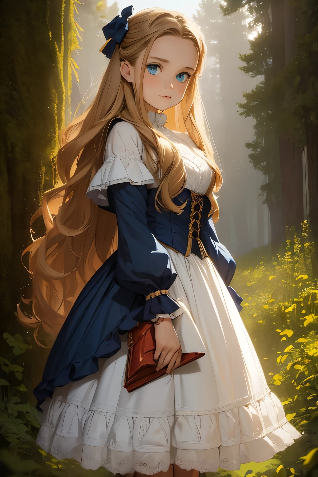 wide angle, detailed reproduction of a forest surrounded by fog up to a height of one meter. clear starry sky with a big full moon, bare trees, winter, two girls, (Virginia Otis, (blond hair, blue eyes)) pose with (16 years oldald (blond hair, green eyes)). Victorian style. thin, cute face, walks at night in Canterville Castle (inspired by the novel The Canterville Ghost). aged 1887, Victorian fantasy