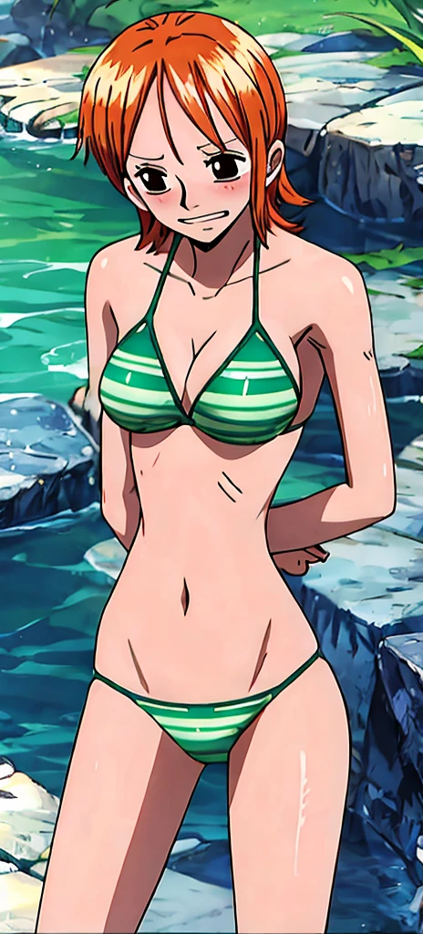 Nami stands blushing in a green bikini。