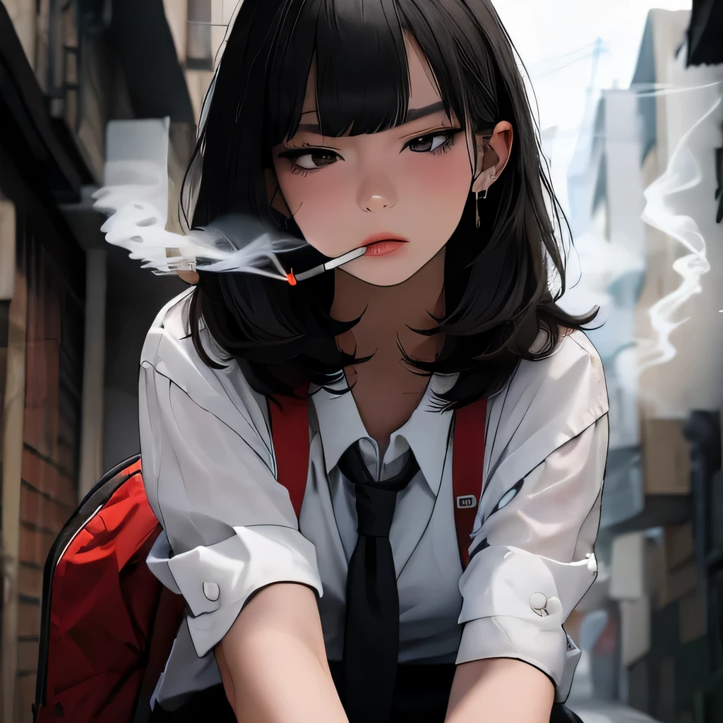 Student, uniform, smoking, white shirt, tie, rebel, slim, backpack, a lot of smoke, flat, black skirt, pretty face, beautiful, long hair, face focus, half closed eyes, relaxed, pale, asian eyes, straight hair, asian, puffy lips, lipgloss, pouty lips