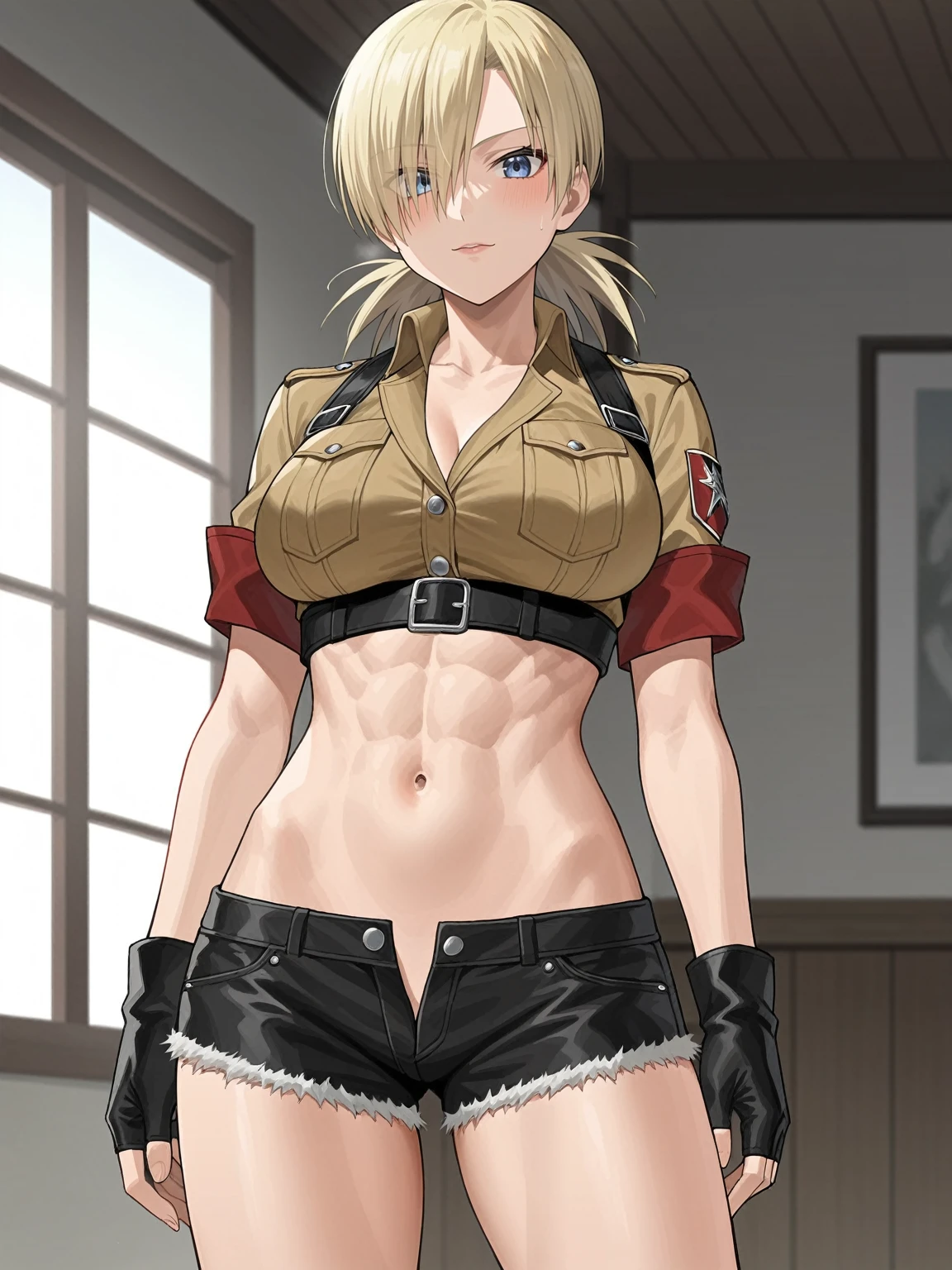 score_9, score_8_up, score_7_up, source_anime, BREAK by ikuchan kaoru, iku, clean color, flat color, 1girl, anime screencap, screencap, hellsing, seras victoria,  blonde hair, blue eyes, , indoors, standing, ((slim)), narrow waist, toned, ((abs)), looking at viewer, hair over one eye, shorts, large breasts, blue eyes, sexy, tiny waist, muscular thighs, boots, latex gloves, fingerless gloves, ((seductive)), seducing, horny, in heat