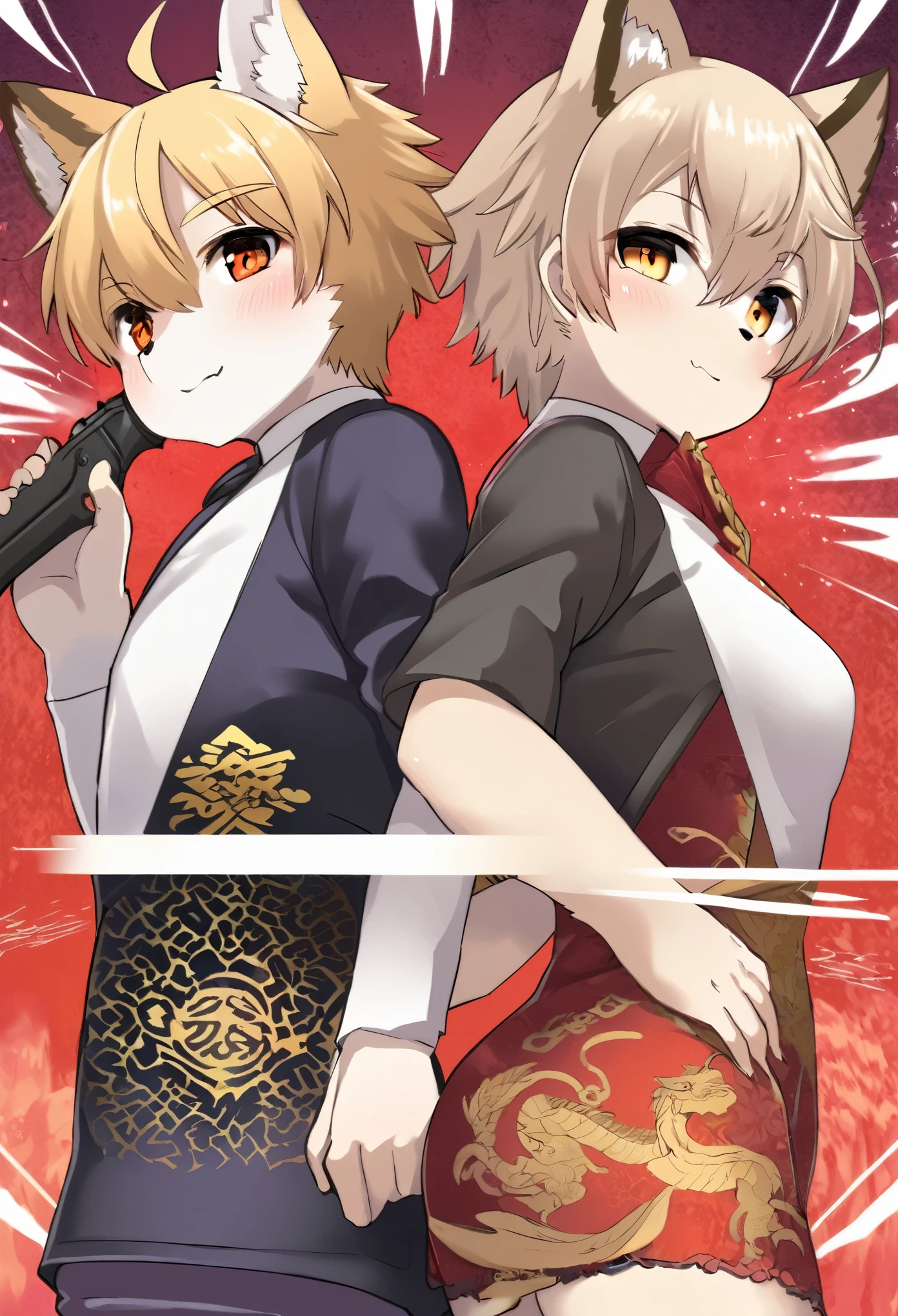 A doujinshi cover with a young male detective and a woman in a Chinese dress back to back, furry, kemono, with some elements of 007, battle manga,