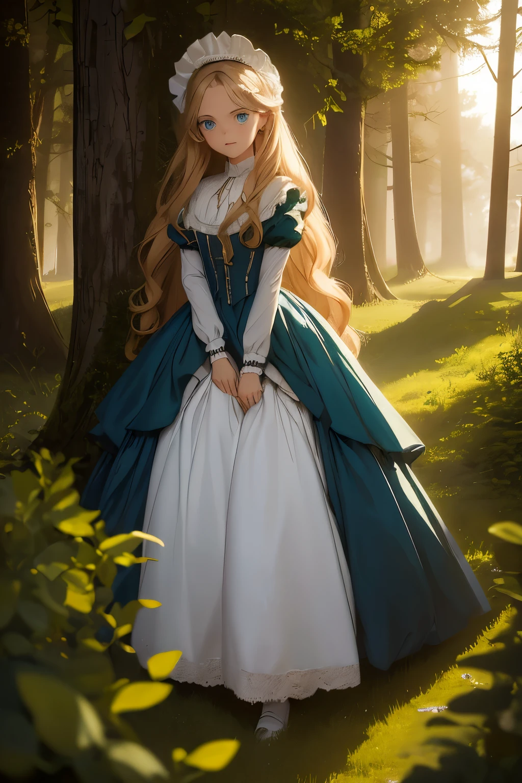 wide angle, detailed reproduction of a forest surrounded by fog up to a height of one meter. clear starry sky with a big full moon, bare trees, winter, two girls, (Virginia Otis, 15 years old (blond hair, blue eyes)) pose with (16 years old Georgie Gerald (blond hair, green eyes)). Victorian style. thin, cute face, walks at night in Canterville Castle (inspired by the novel The Canterville Ghost). aged 1887, Victorian fantasy
