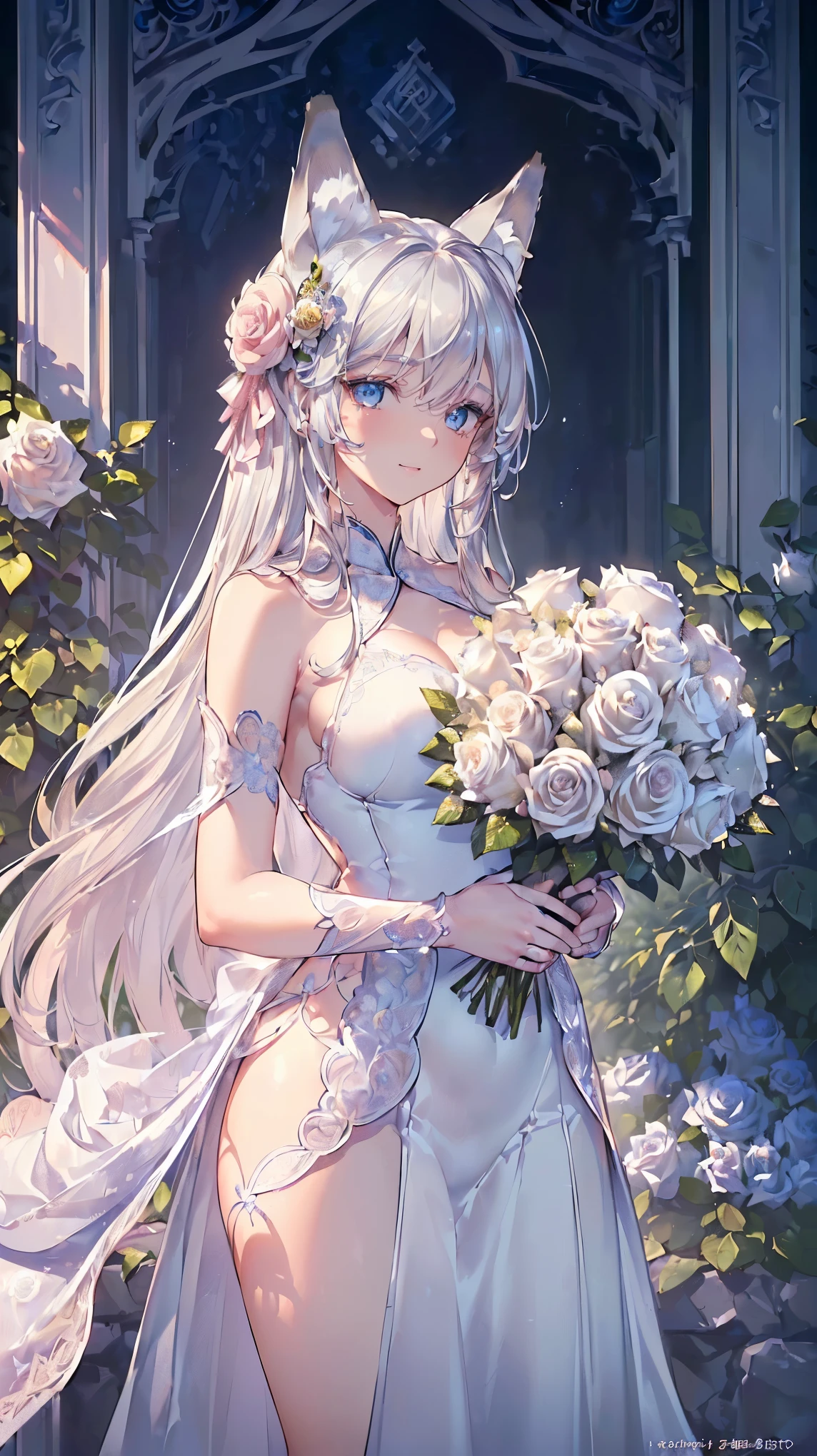 (((masterpiece))), (((highest quality))), ((ultra-detailed)), ((super fine illustration)), ((ultra-fine painting)), (16K highest quality wallpaper:1.4), (upper body:1.4), (Highly detailed and delicate illustration style:1.8), detailed skin texture, detailed cloth texture, detailed rose flower texture, detailed wood texture, extreme detailed description, (T-masterpiece), (highly detailed face:1.4), original, RAW photo, professional, Intricate details, super details, Direct light:1.6, (perfect anatomy:1.4), (highly detailed hands:1.2), (highly detailed fingers:1.2), (highly detailed fingertips:1.2), (27-years-old), real, (solo:1.6), (A mysterious and sacred silver fox girl with nine tails and blue eyes who is an idol, messenger of the gods, and a shrine maiden:1.4) BRAKE (Beautiful and adorable silver fox ears:1.6), (Highly detailed and delicate silver fox ears:1.4), (beautiful and well-shaped big breasts:1.2), (beautiful and well-shaped buttocks), (beautiful and shiny silver hair:1.6), (highly detailed and delicate silver hair:1.4), (beautiful clear blue eyes that shine with great detail:1.6), (highly detailed and delicate blue eyes:1.2), (highly detailed face:1.4), (smile:1.4), (looking at viewer:1.4), (standing:1.4), (Celebration:1.4) BRAKE ((A beautiful and gorgeous princess dress that is detailed and delicate to be worn at celebratory occasions:1.4)) BRAKE ((Holding in both hands a large bouquet of highly detailed and delicate ((white and pink roses)):1.3)) BRAKE (Just after noon:1.4), (Celebration:1.4), (((Highly detailed and delicate white rose flower and pink rose flower garden background:1.3))), (Highly detailed and delicate royal palace courtyard background in just after noon in spring:1.3) BRAKE