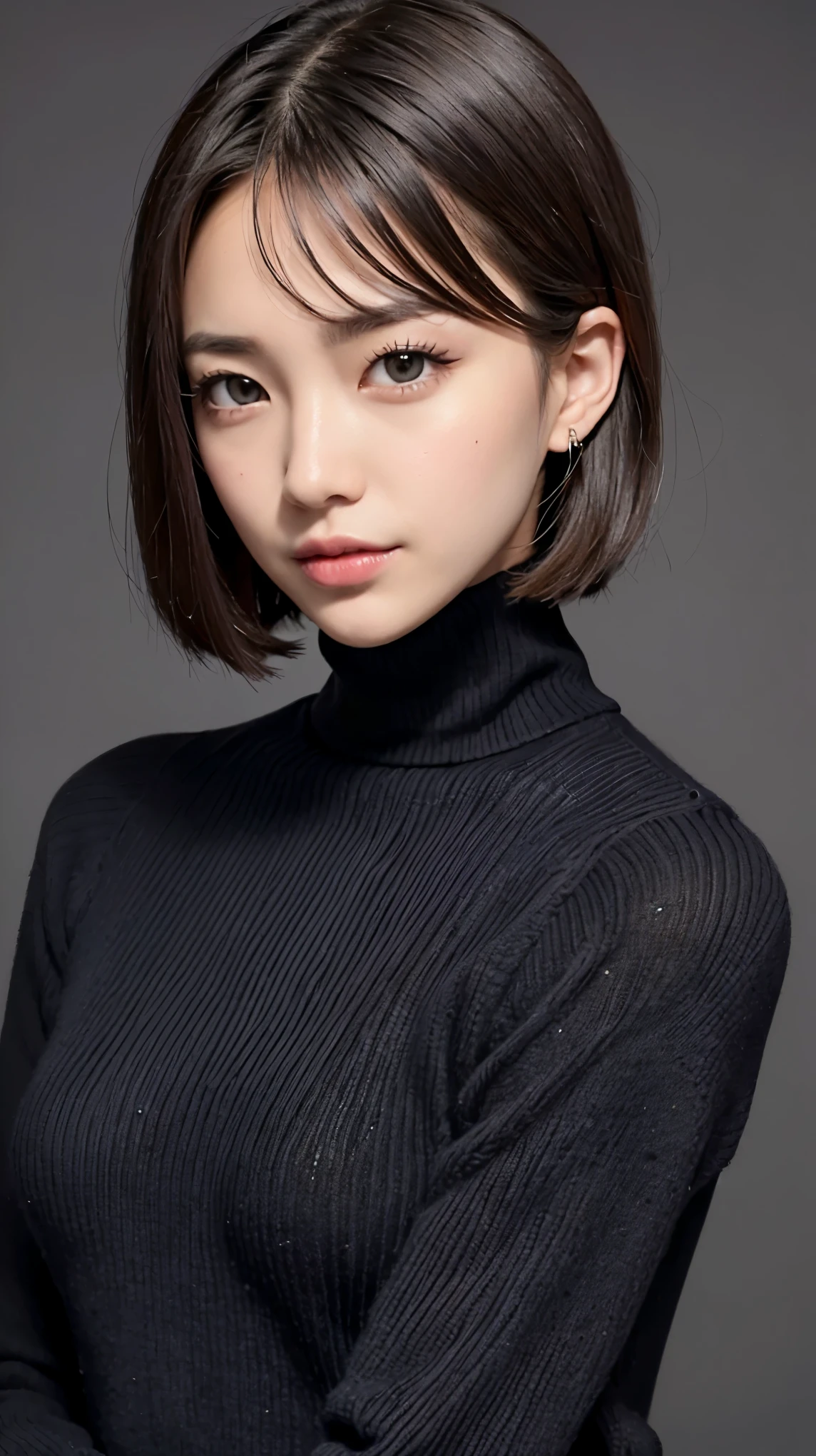 (masterpiece, best image quality, high quality, High resolution, realistic:1.2), (bright lighting, professional lighting), one woman, realistic skin, fine skin, beautiful skin, expensive, muscular body, (black hair, short hair, eyelash extensions, fine eyes, black eye, How to draw eyes carefully, looking at the viewer, cute, embarrassing:1.2), (Lean upper body:1.2), Mortar wall, (black turtleneck sweater, The clothes fit:1.3), gentle smile, I can see some teeth, upper body shot