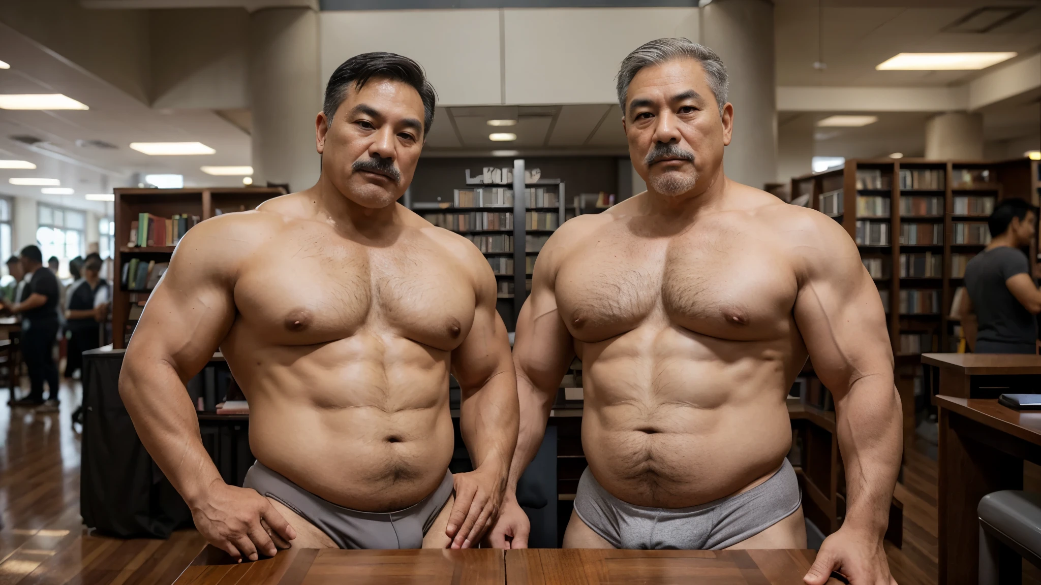 2 Vietnamese grandfathers with gray hair, mature face, a thick mustache, a short chin beard, bear body, wearing a massive bulging gray jockstraps stand in library, have belly, big muscular chest, a sexy pose, show underwear.