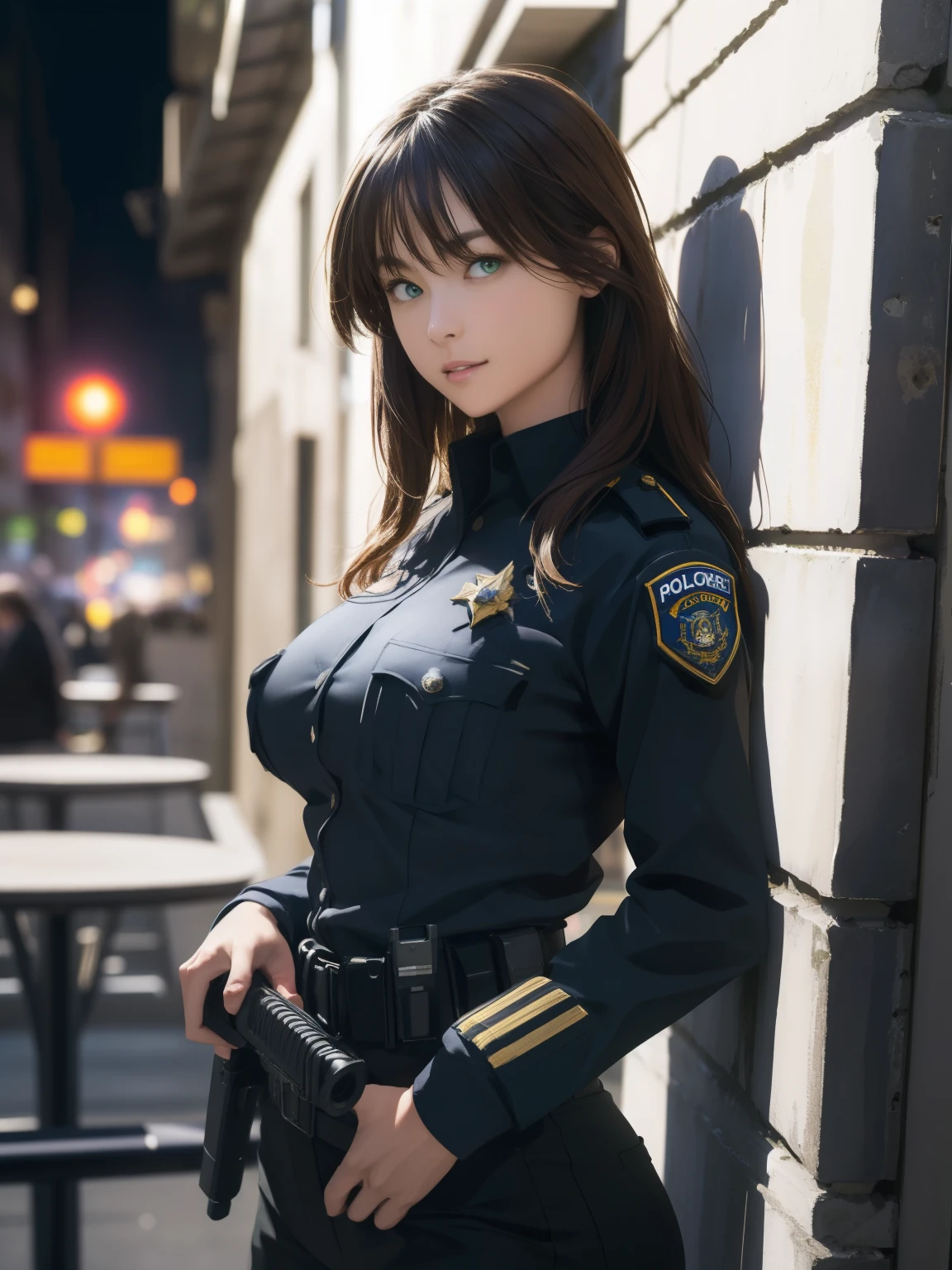 (8K, Raw photo, highest quality, table top:1.2), (realistic, Photoreal:1.37),((1 girl, alone)), cinematic lighting, sexy secret police, green eyes, long hair, Hair color: Dark brown, Big breasts that are about to burst, deep cleavage, plump ass, Tight round ass and small crotch, Ultra-detailed police uniform based on black, Pants look, Wearbyte, special high school police, SF Metropolis, There are many multi-tenant buildings, While leaning against the wall, Standing hidden in a dark alley, Gun holder on the waist, night scenery, illuminated by street lamps,