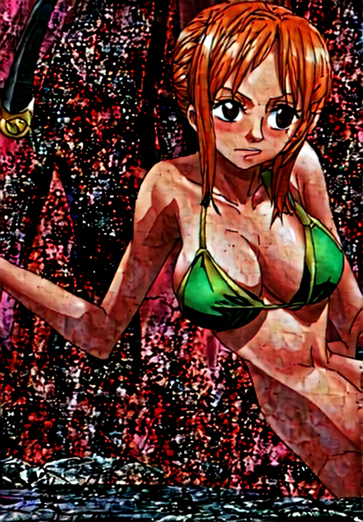 Nami, with her big breasts and beautiful legs, stands blushing in a green bikini.。
