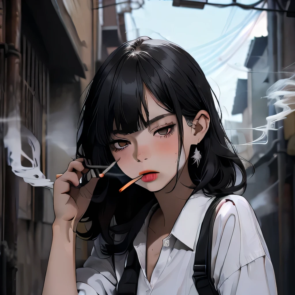 Student, uniform, smoking, white shirt, tie, rebel, slim, backpack, a lot of smoke, flat, black skirt, pretty face, beautiful, long hair, face focus, half closed eyes, relaxed, pale, asian eyes, straight hair, asian, puffy lips, lipgloss, pouty lips