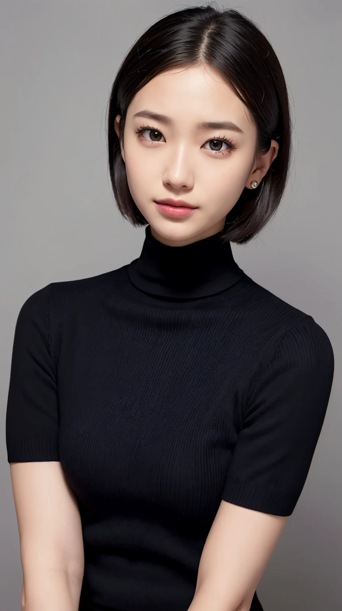 (masterpiece, best image quality, high quality, High resolution, realistic:1.2), (bright lighting, professional lighting), one woman, realistic skin, fine skin, beautiful skin, expensive, muscular body, (black hair, short hair, eyelash extensions, fine eyes, black eye, How to draw eyes carefully, looking at the viewer, cute, embarrassing:1.2), (Lean upper body:1.2), Mortar wall, (Black short sleeve turtleneck sweater, The clothes fit:1.3), gentle smile, I can see some teeth, upper body shot