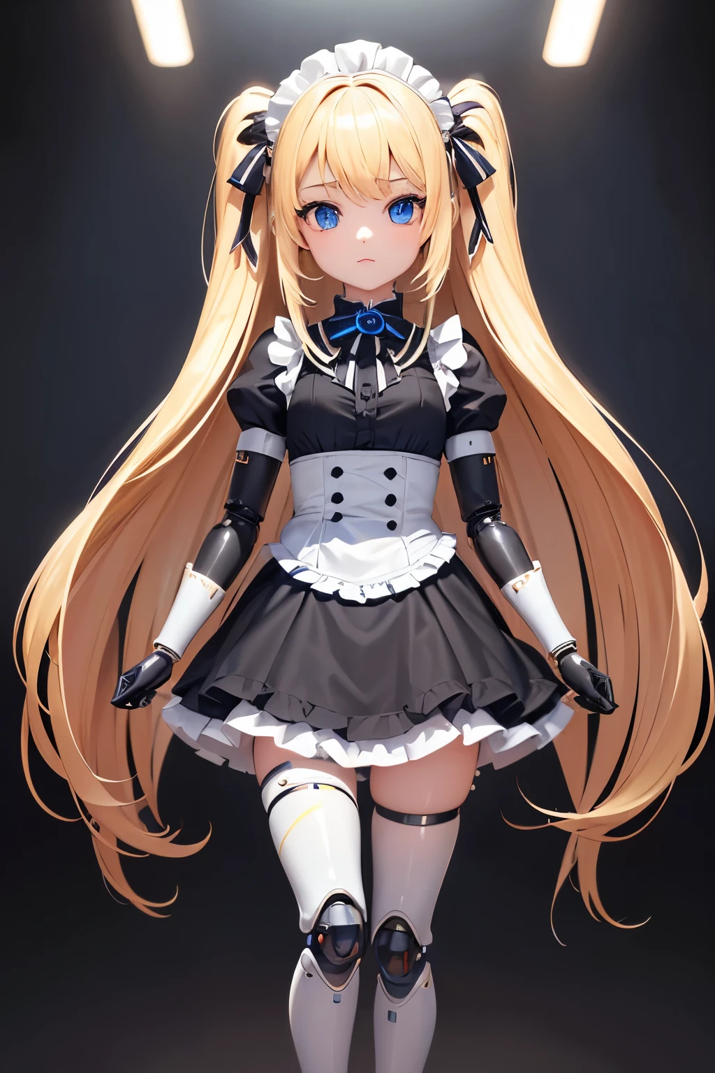 Ultra detailed, mime girl, loli:1.5, child:1.5 10yo:1.5) , very long blonde hair ) blue eyes cybernetic , mechanical limbs, Cyborg's girl , biomechanical, victorian maid uniform, large mechanical arms , forte , mechanical legs. Front. Cyborg arms and legs , leds azuis .