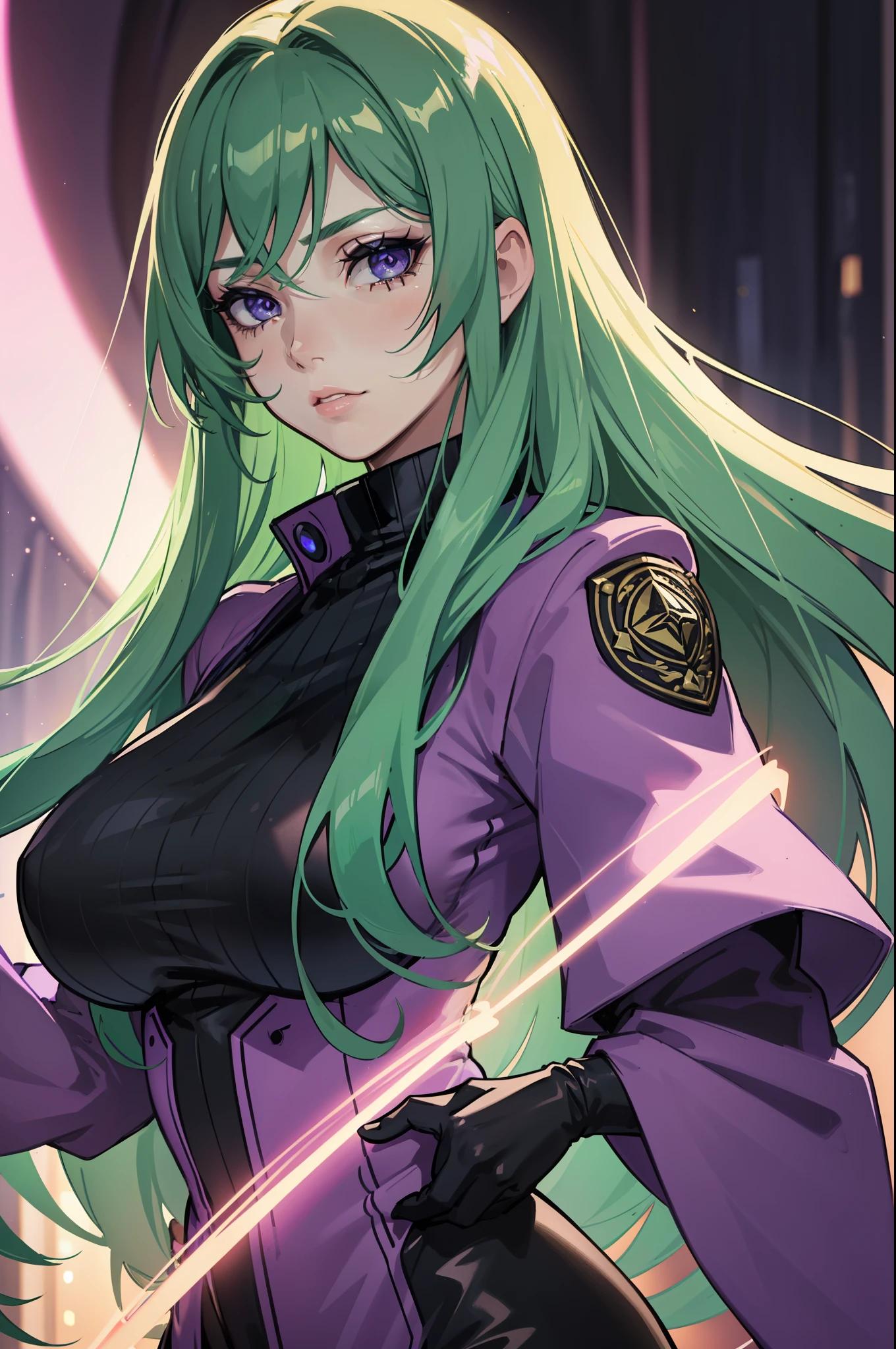 ((best quality,ultra-detailed,realistic)),HDR,UHD,studio lighting,1girl,professional,vivid colors,bokeh,portrait,green hair,light green hair,beautiful detailed purple eyes,very long hair,pale skin,curvaceous,concrete,shadow,dark atmosphere, black aviator outfit with purple led lights,pretty, delicate features, long lashes, big lips, beautiful, straight hair, long lashes, big lips, beautiful, straight hair, purple led lights, ((magic backgound)), magical suit, ((aviator suit)), (((detailed face))), (((detailed eyes)))