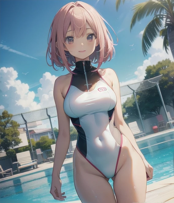 12-year-old Japanese girl, (((anime, cg, 8K quality, hyper reality, Perfect drawing))),
Standing by the poolside, (solofocus),
Her delicate face radiates a gentle shine, (top-quality: 1.3),
Skin as smooth as silk, (beautiful: 1.2),
Gently smiled, revealing her perfectly aligned teeth, (perfect: 1.1),
Wearing a tight-fitting white swimsuit, highlighting the curves of her body, (accurate depiction: 1.1),
Body lines clearly visible, showcasing an identifiable hourglass figure, (hyper reality