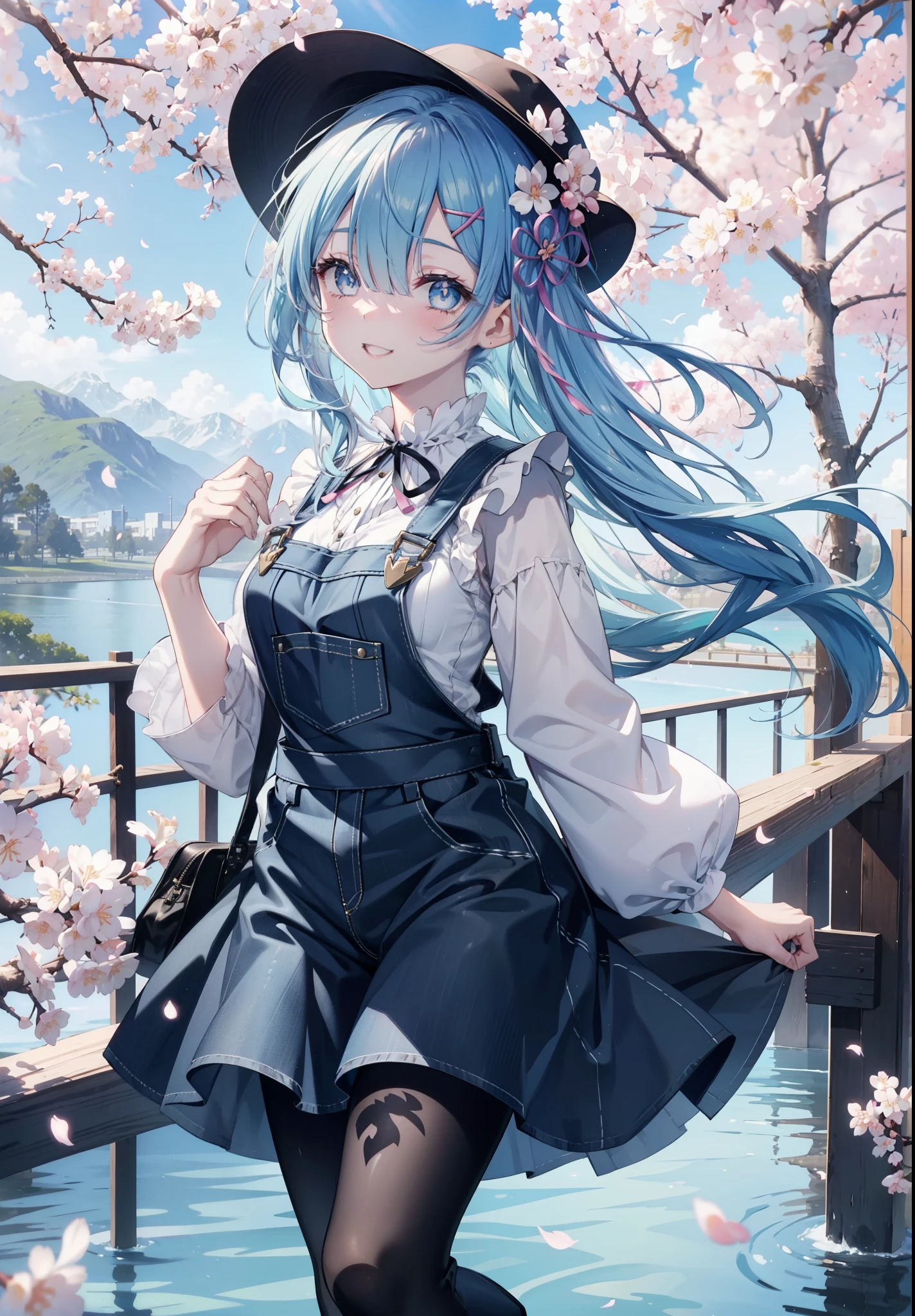 rezeroRem, Rem, blue eyes, blue hair, hair ornaments, hair above one eye, hair ribbon, long hair, x hair ornaments,happy smile, smile, open your mouth,skirt,Hunting Hat,Pink tank top shirt,Denim overalls pants,black tights,Mini Boots,cherry blossoms,cherry blossoms並木道,cherry blossomsが咲いている,cherry blossomsが散っている,
break outdoors, garden,
break looking at viewer, (cowboy shot:1. 5)
break (masterpiece:1.2), highest quality, High resolution, unity 8k wallpaper, (figure:0.8), (detailed and beautiful eyes:1.6), extRemely detailed face, perfect lighting, extRemely detailed CG, (perfect hands, perfect anatomy),