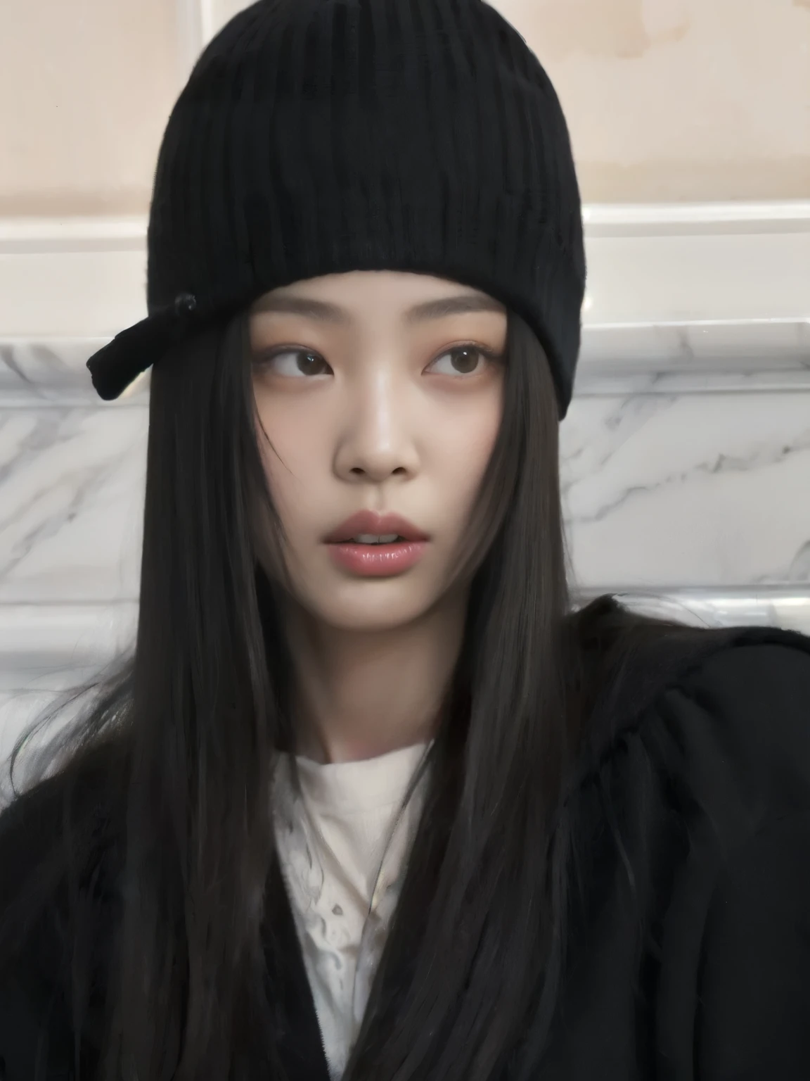 una mujer que llevaba un sombrero negro con un lazo, jennie rosa negro, jossi de blackpink, cruel korean gothic girl, ulzzang, pale korean adorable face, kim doyoung, portrait of jossi de blackpink, con gorro negro en la cabeza, joven y adorable rostro coreano, Gongbi, Young cute pale asian face, Jaeyeon Nam, muchacha coreana, jennie blackpink 