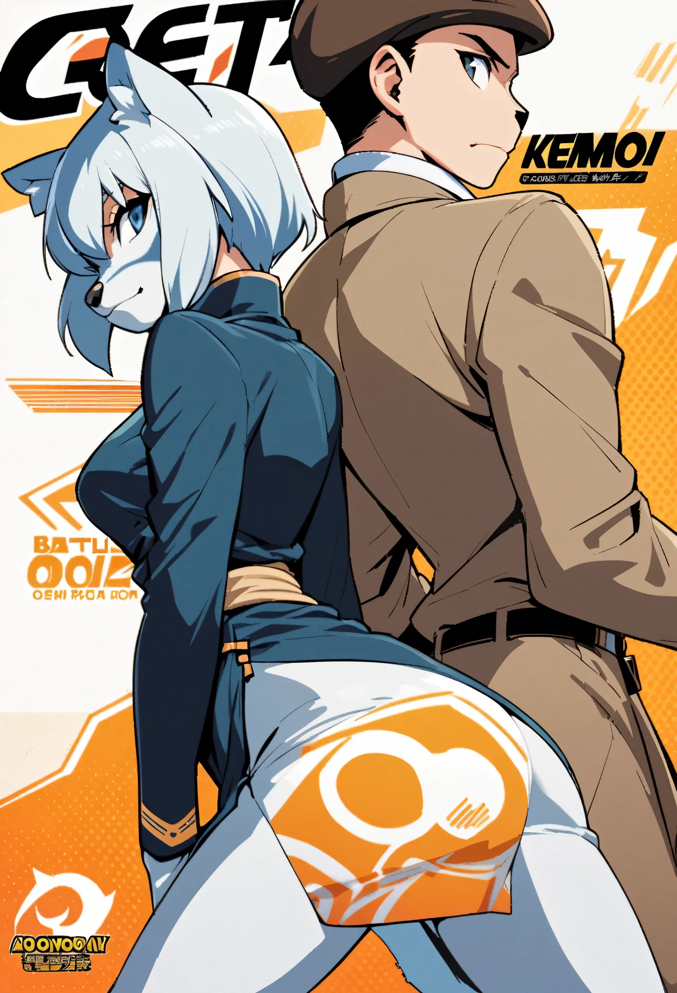 A doujinshi cover with a young male detective and a woman in a Chinese dress back to back, furry, kemono, with some elements of 007, battle manga,