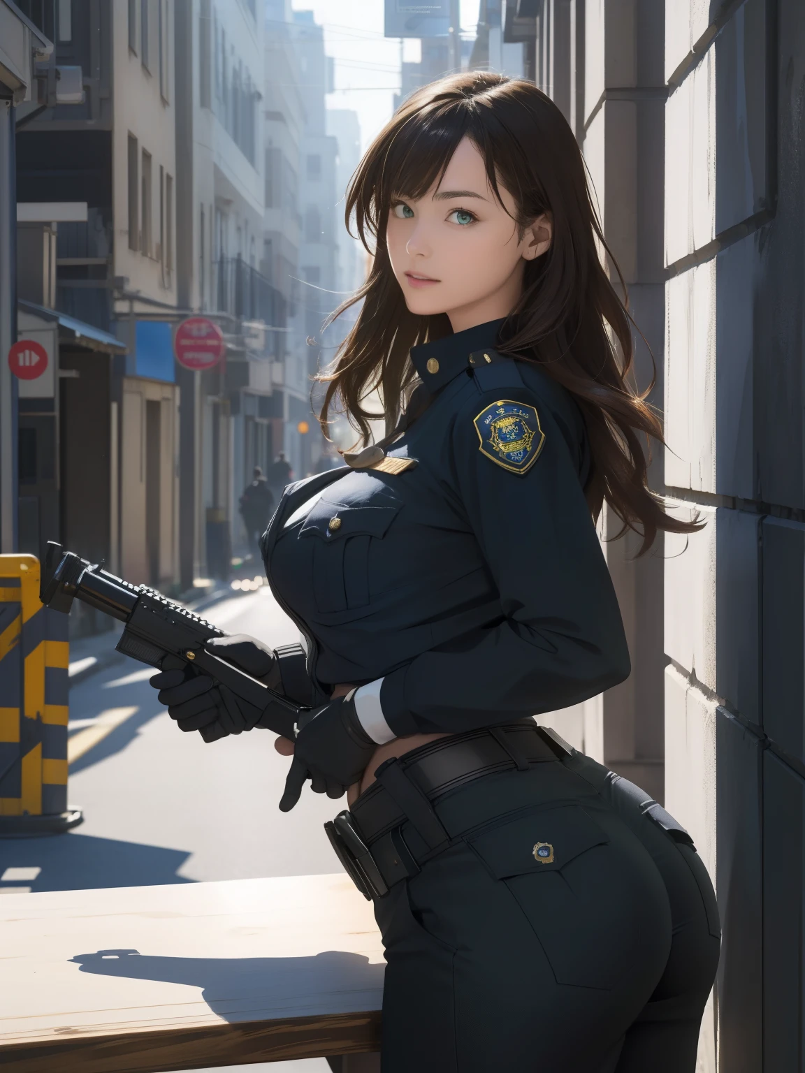 (8K, Raw photo, highest quality, table top:1.2), (realistic, Photoreal:1.37),((1 girl, alone)), cinematic lighting, sexy secret police, green eyes, long hair, Hair color: Dark brown, Big breasts that are about to burst, deep cleavage, plump ass, Tight round ass and small crotch, Ultra-detailed police uniform based on black, Pants look, Wearbyte, special high school police, SF Metropolis, There are many multi-tenant buildings, While leaning against the wall, Standing hidden in a dark alley, Gun holder on the waist, night scenery, illuminated by street lamps,