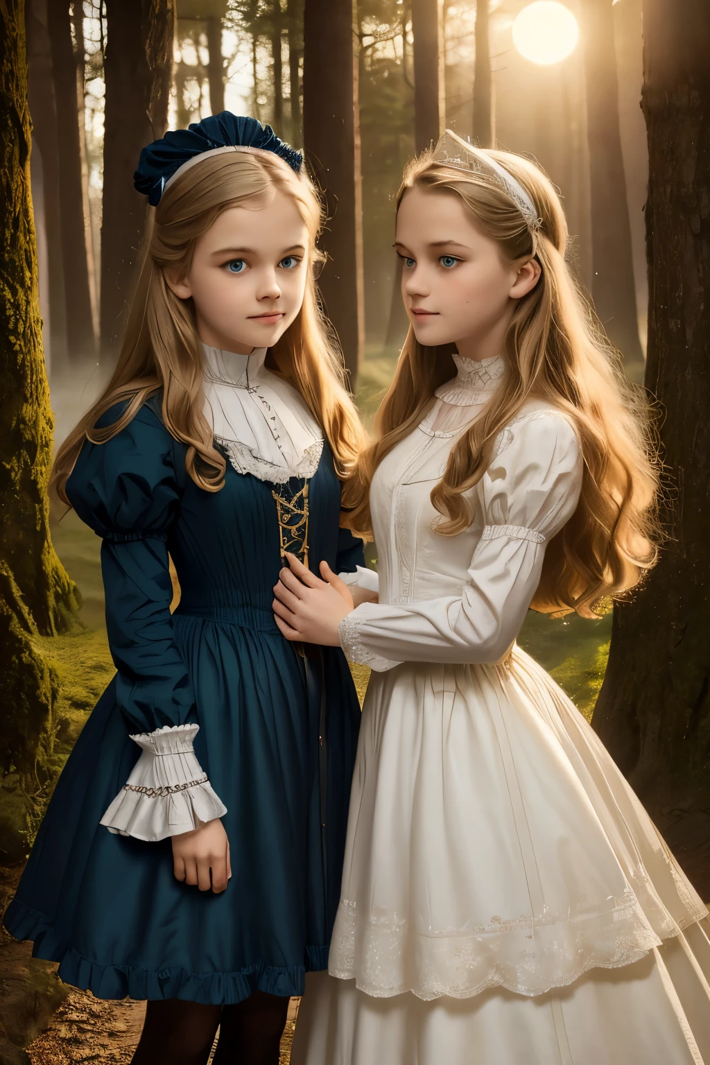 wide angle, detailed reproduction of a forest surrounded by fog up to a height of one meter. clear starry sky with a big full moon, bare trees, winter, two girls, (Virginia Otis, (blond hair, blue eyes)) pose with (16 years oldald (blond hair, green eyes)). Victorian style. thin, cute face, walks at night in Canterville Castle (inspired by the novel The Canterville Ghost). aged 1887, Victorian fantasy