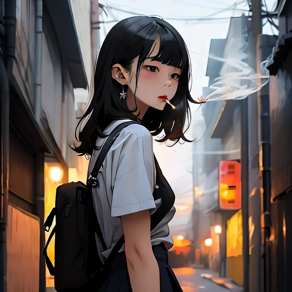 Student, uniform, smoking, white shirt, tie, rebel, slim, backpack, a lot of smoke, flat, black skirt, pretty face, beautiful, long hair, face focus, half closed eyes, relaxed, pale, asian eyes, straight hair, asian, puffy lips, lipgloss, pouty lips