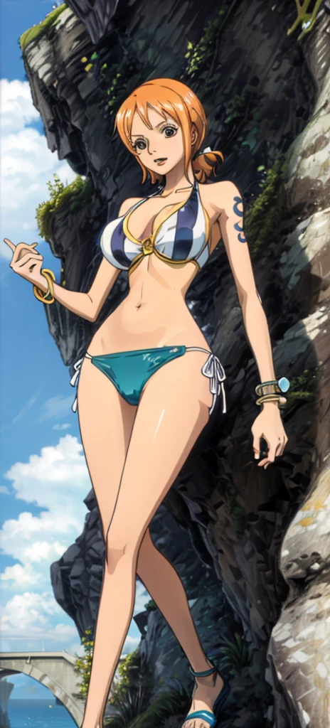 Nami, with her big breasts and beautiful legs, stands wearing a silver bikini.。