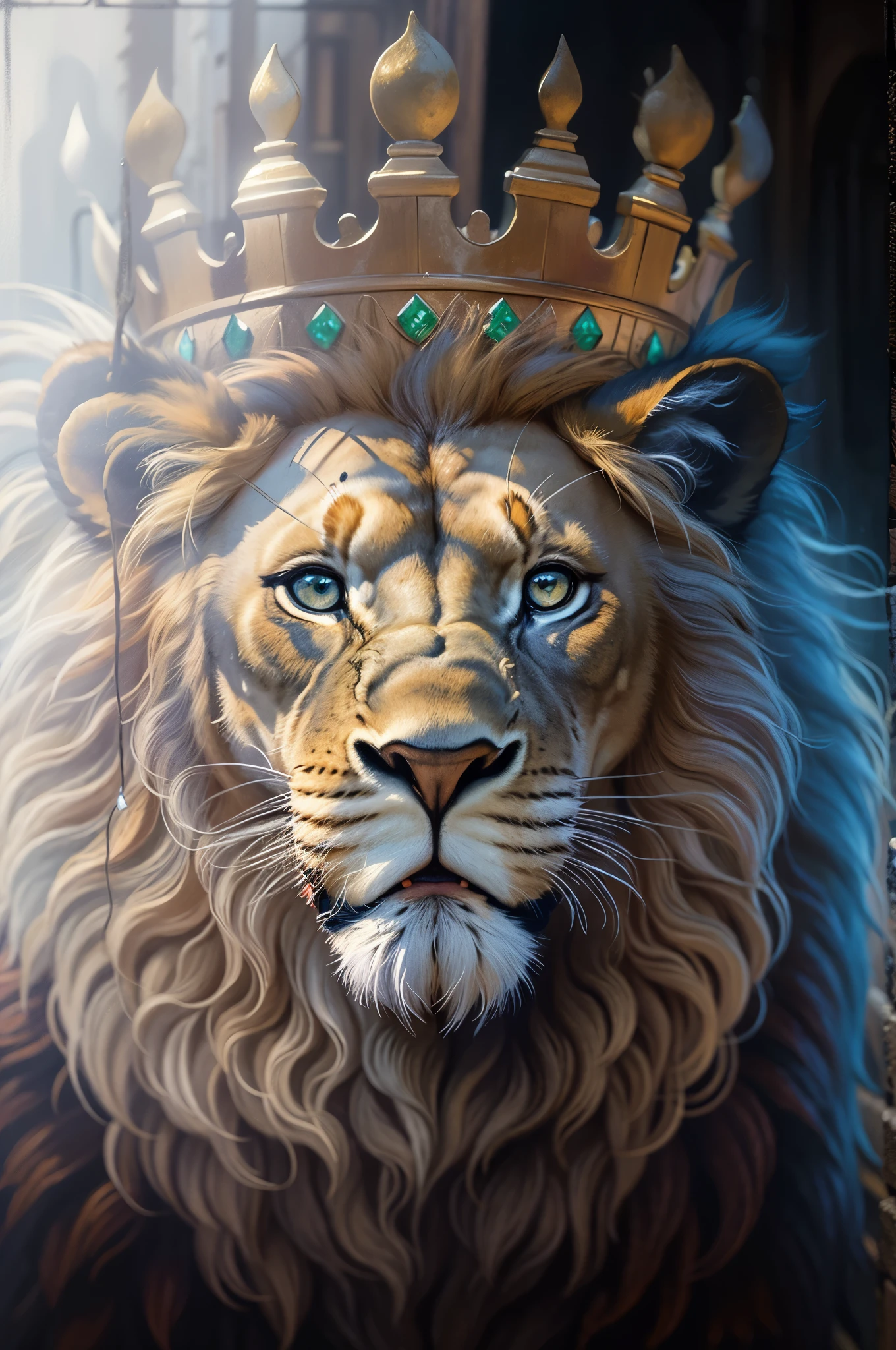 painting of a leão wearing a coroa with a blue eyes, lion with crown, Rei da floresta, Rei dos Reis, retrato de um rei, lion&#39;s gate, lion head, aslan the lion, with the mane of a leão, senhor da selva, lion warrior, lions, Leonardo da Vinci, portrait of a lion, coroa!! oil painting, 128k ultra realistic lion.