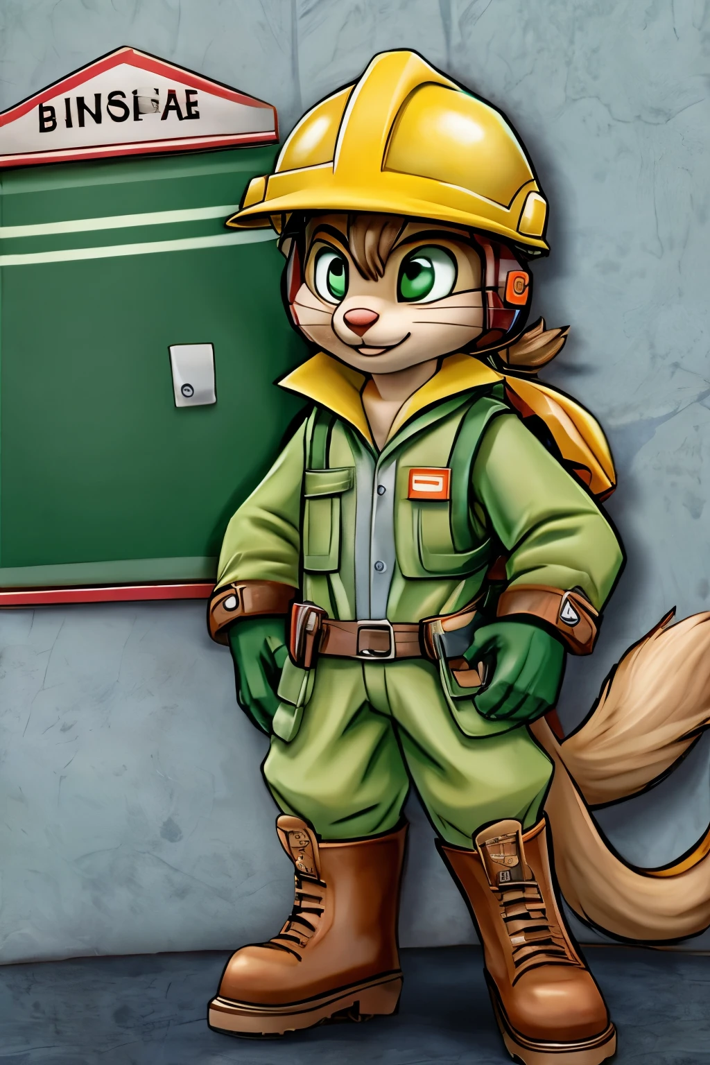 Gato, Safety at work, capacete, luvas, os olhos, bota, roupa verde