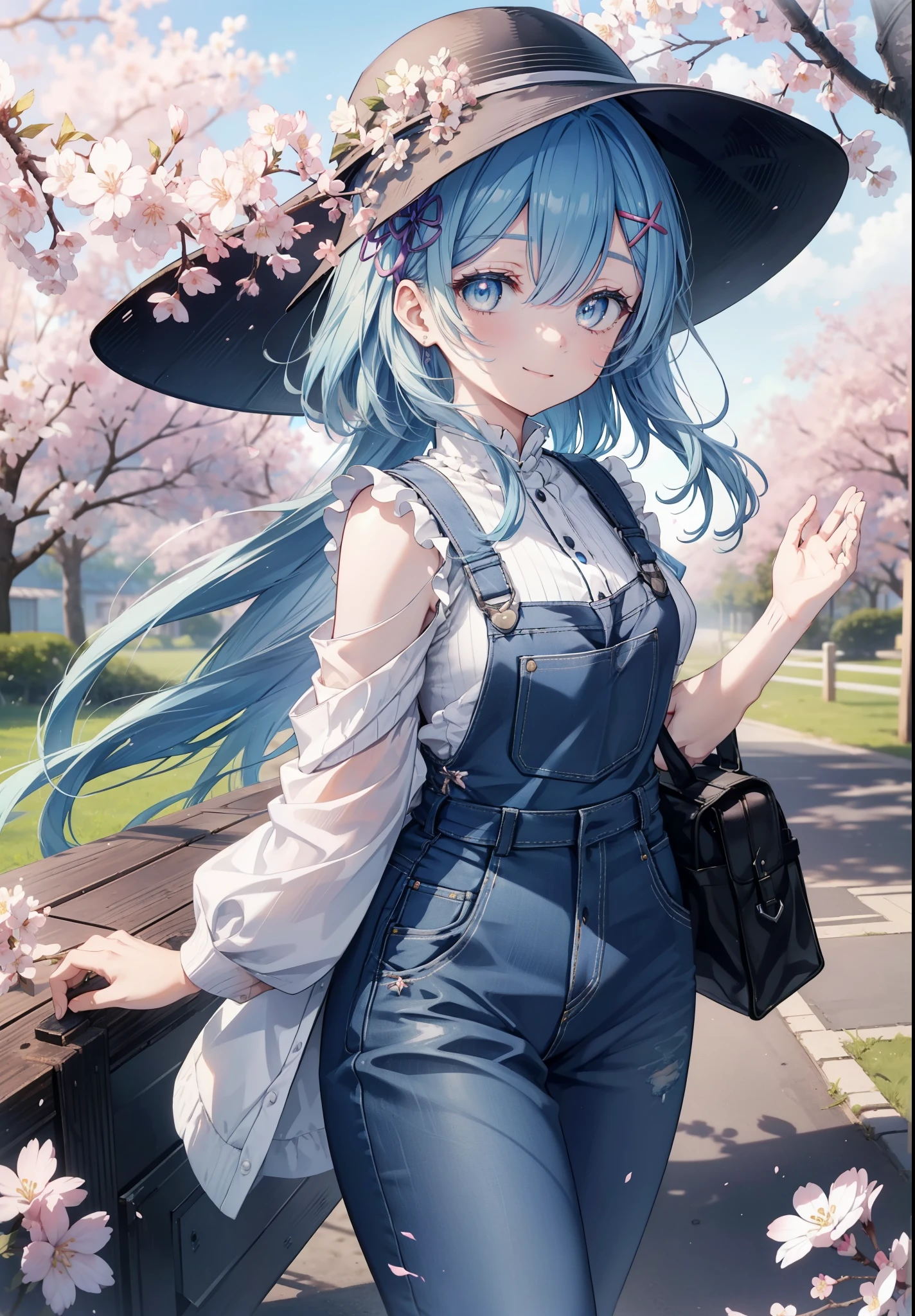 rezeroRem, Rem, blue eyes, blue hair, hair ornaments, hair above one eye, hair ribbon, long hair, x hair ornaments,happy smile, smile, open your mouth,skirt,Hunting Hat,Pink tank top shirt,bare arms,denim overalls,short denim pants,black tights,Mini Boots,cherry blossoms,cherry blossoms並木道,cherry blossomsが咲いている,cherry blossomsが散っている,
break outdoors, garden,
break looking at viewer, (cowboy shot:1. 5)
break (masterpiece:1.2), highest quality, High resolution, unity 8k wallpaper, (figure:0.8), (detailed and beautiful eyes:1.6), extRemely detailed face, perfect lighting, extRemely detailed CG, (perfect hands, perfect anatomy),