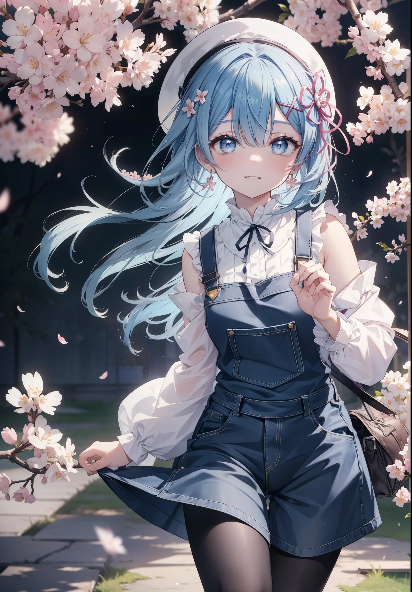 rezeroRem, Rem, blue eyes, blue hair, hair ornaments, hair above one eye, hair ribbon, long hair, x hair ornaments,happy smile, smile, open your mouth,skirt,Hunting Hat,Pink tank top shirt,bare arms,denim overalls,short denim pants,black tights,Mini Boots,cherry blossoms,cherry blossoms並木道,cherry blossomsが咲いている,cherry blossomsが散っている,
break outdoors, garden,
break looking at viewer, (cowboy shot:1. 5)
break (masterpiece:1.2), highest quality, High resolution, unity 8k wallpaper, (figure:0.8), (detailed and beautiful eyes:1.6), extRemely detailed face, perfect lighting, extRemely detailed CG, (perfect hands, perfect anatomy),