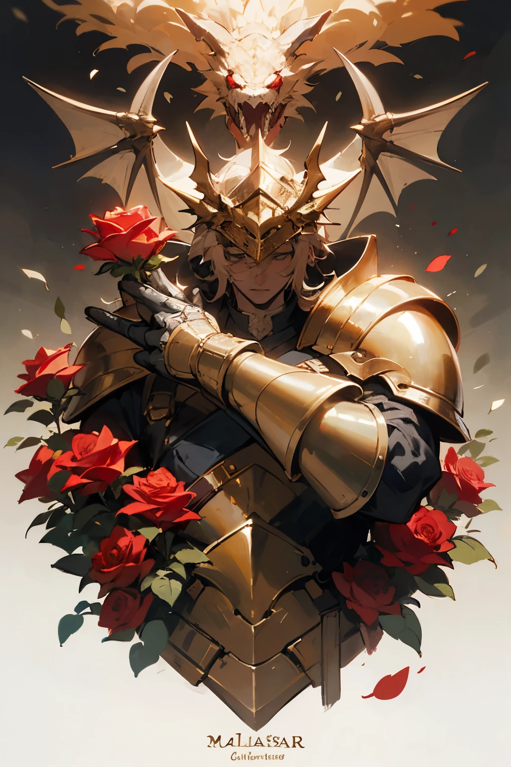 ((Mejor calidad)), ((obra maestra)), (detallado), cara perfecta
Caballero de brillante armadura, who killed the Great Dragon and from him came roses red as crimson.