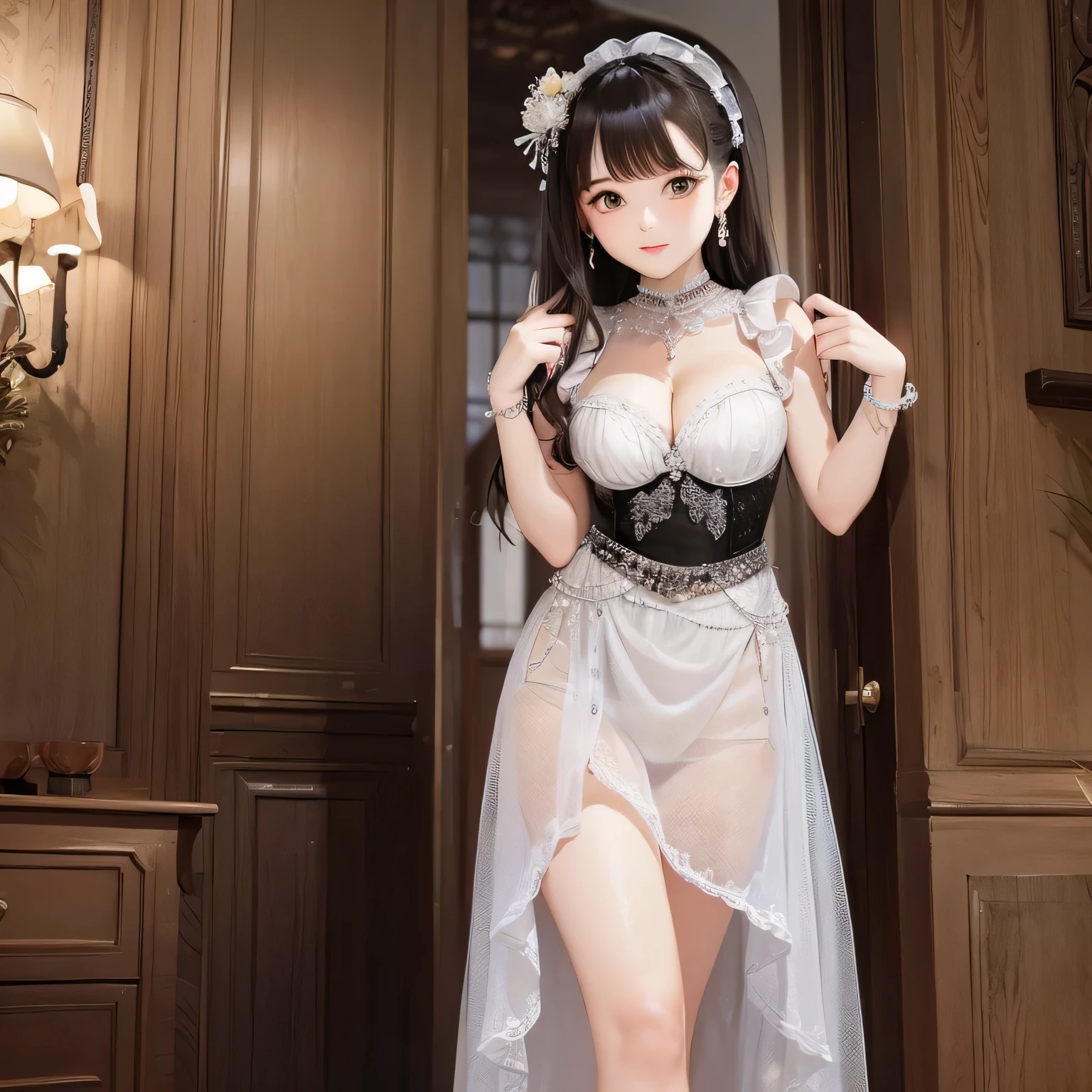 a woman in long sheer skirt, gr3ysh33r very sensual posing