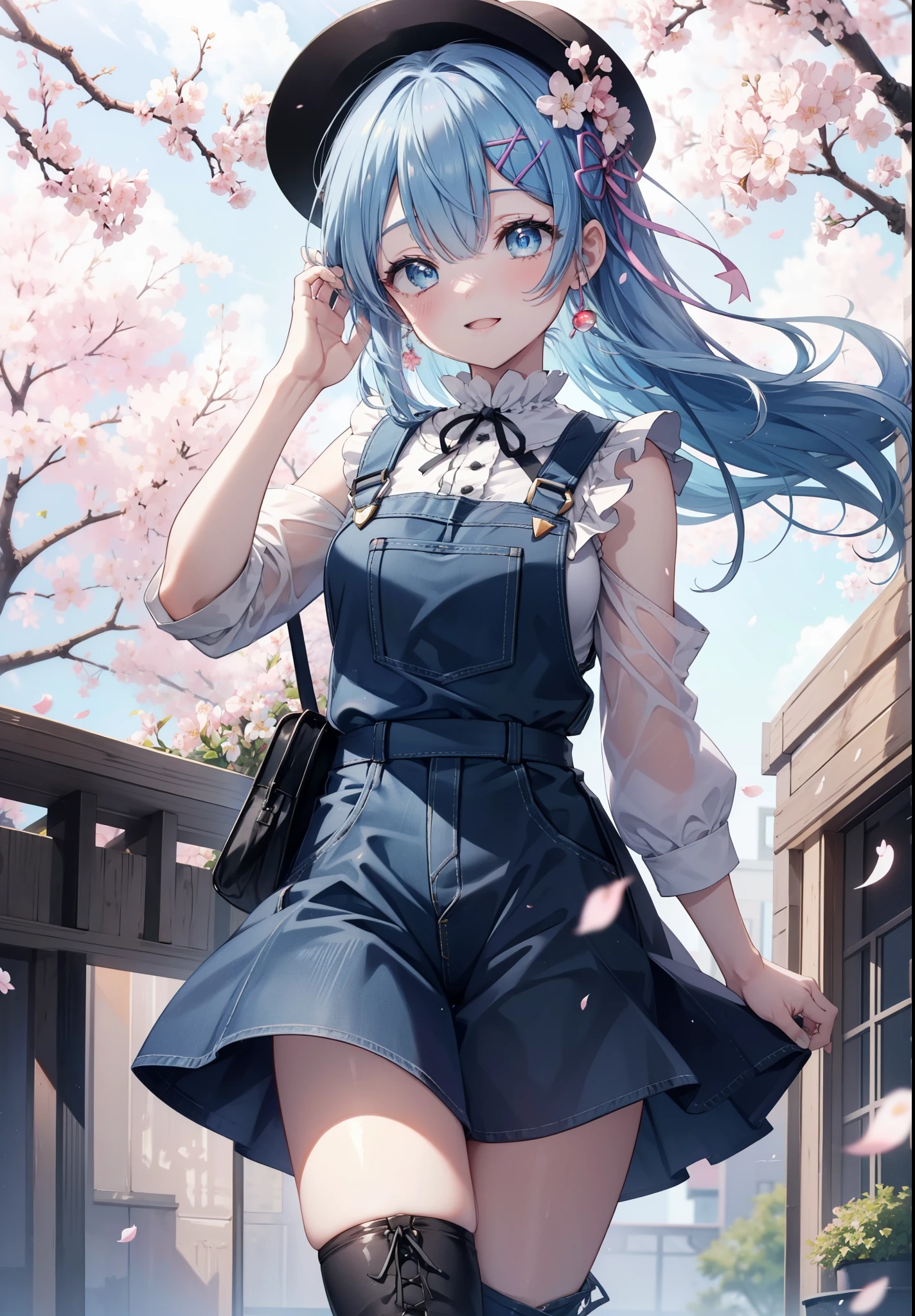 rezeroRem, Rem, blue eyes, blue hair, hair ornaments, hair above one eye, hair ribbon, long hair, x hair ornaments,happy smile, smile, open your mouth,skirt,Hunting Hat,Pink tank top shirt,bare arms,denim overalls,short denim pants,black tights,Mini Boots,cherry blossoms,cherry blossoms並木道,cherry blossomsが咲いている,cherry blossomsが散っている,morning,morning日,the sun is rising,
break outdoors, garden,
break looking at viewer, (cowboy shot:1. 5)
break (masterpiece:1.2), highest quality, High resolution, unity 8k wallpaper, (figure:0.8), (detailed and beautiful eyes:1.6), extRemely detailed face, perfect lighting, extRemely detailed CG, (perfect hands, perfect anatomy),