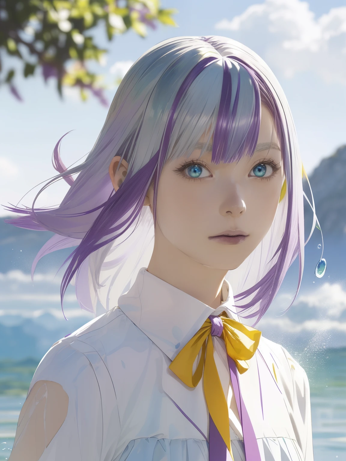 (1 girl),(dynamic pose),(multicoloredhead+silver hair:1.3+redhead:1.2+purple hair+yellow hair:1.3+green hair:1.3),(blue eyes),(neck ribbon),(floating),(cloud),(Too many droplets of water),(twilight),(watercolor),(wide shot)