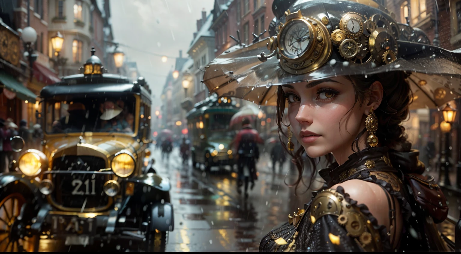Foreground:
A captivating steampunk woman, her attire a fusion of elegance and functionality. Gears and pistons adorn her outfit, perhaps incorporated into a flowing skirt or a cunningly designed backpack.
Background:
A bustling cityscape in the throes of a downpour. Rain slicks the cobblestone streets, reflecting the gaslight glow from ornately decorated houses in the steampunk style.
In the distance, a classic 1908 taxi navigates the wet streets, its brass trimmings gleaming momentarily before being obscured by the rain.
Additional details:
Consider incorporating specific details to enhance the scene. Perhaps the woman clutches a parasol, its fabric adorned with gears or cogs, struggling to shield herself from the relentless rain.
You could also add elements of movement, like the woman's dress billowing in the wind or the taxi splashing through puddles.
