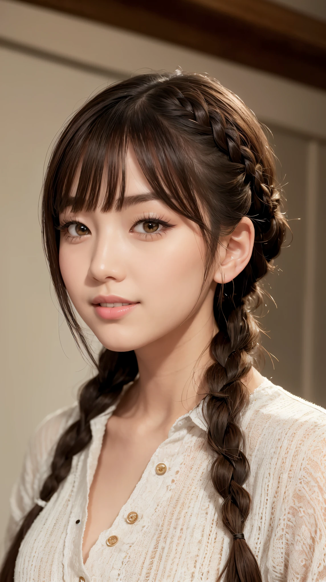 realistic, masterpiece, highest quality, highest resolution, one japanese woman, happy smile, detailed and beautiful eyes, black eye, thin eyebrows, Gives your eyelashes a delicate finish, false eyelashes, natural makeup, (braid hair, dull bangs, brown hair:1.2), detailed face, She is looking slightly to the side, but、Always watching the audience, A simple white button-down shirt, upper body photo, Portrait background